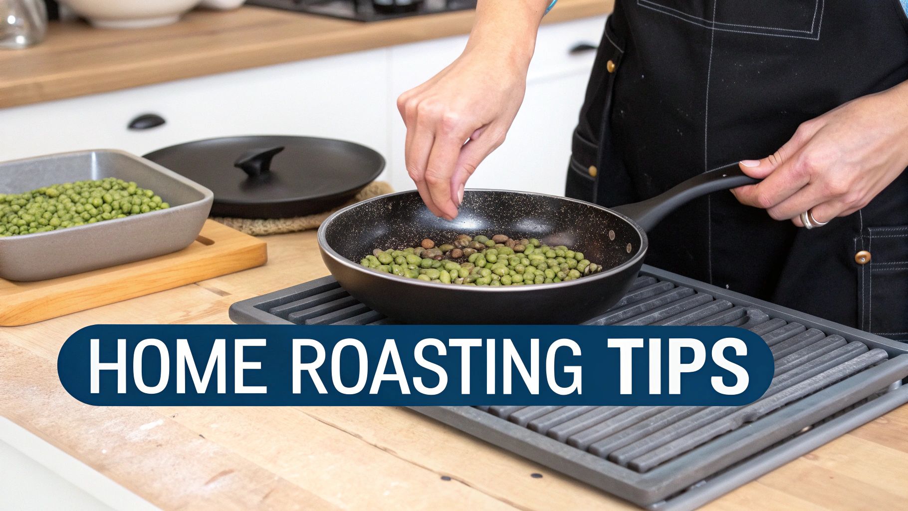 A person roasts green coffee beans in a pan on a stovetop, with home roasting tips displayed.