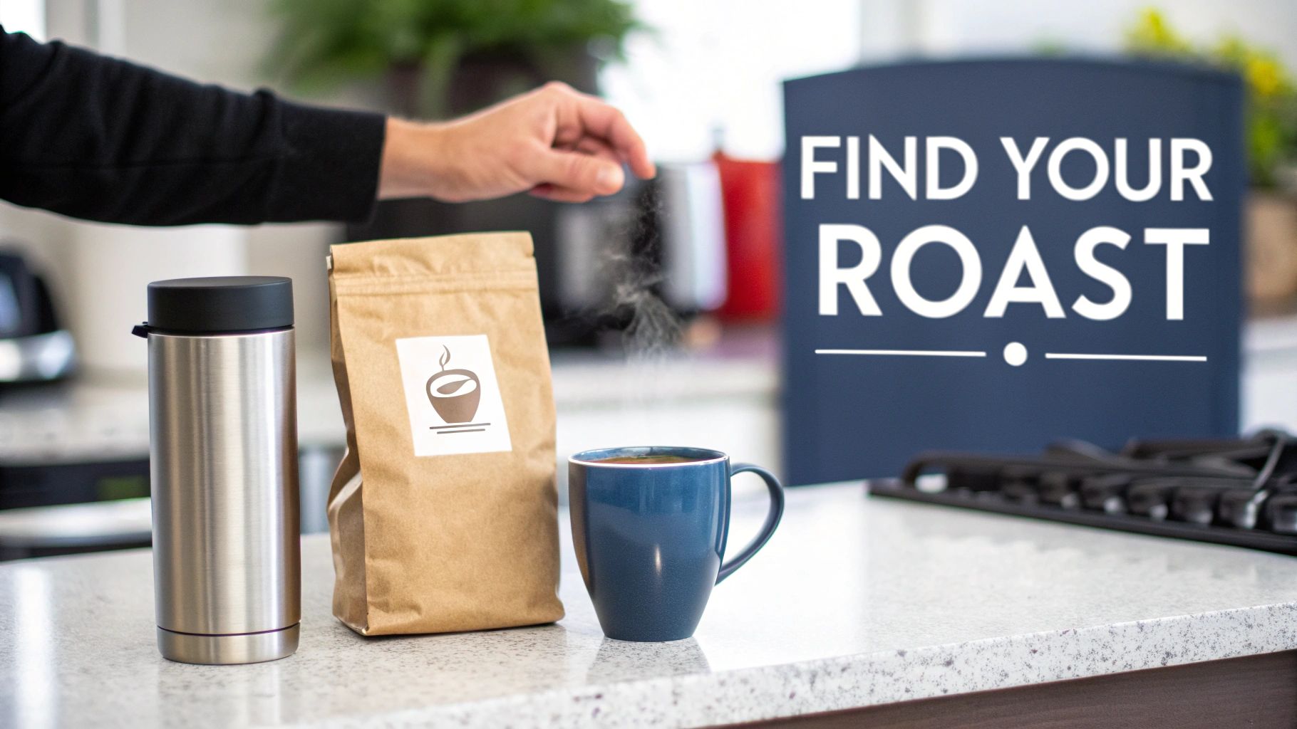 A hand sprinkles ingredients into a steaming blue coffee mug next to a coffee bag and thermos, with a 'FIND YOUR ROAST' sign in the background.
