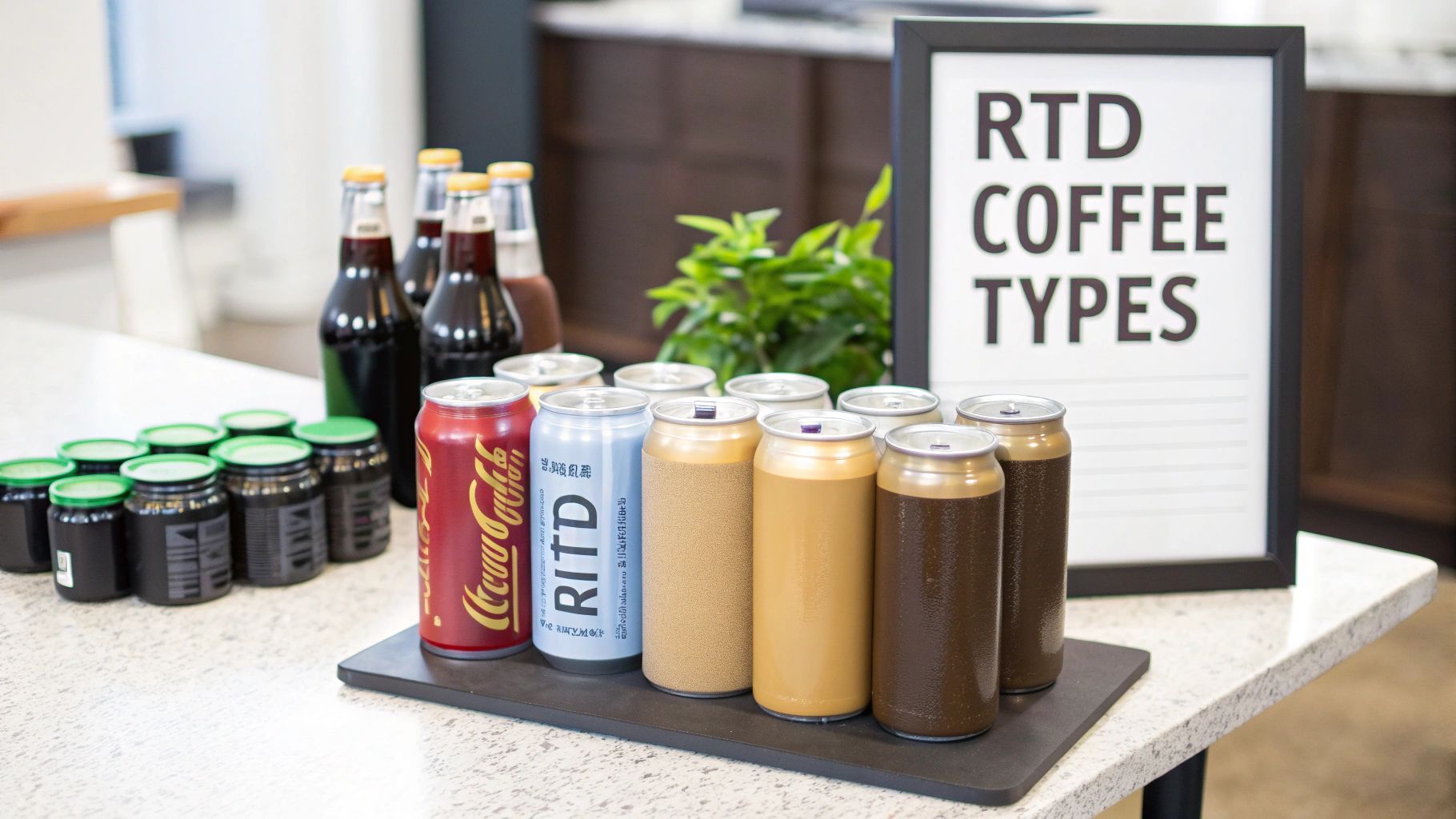 A display of various ready-to-drink coffee beverages, including cans, bottles, and jars, with an RTD coffee types sign.