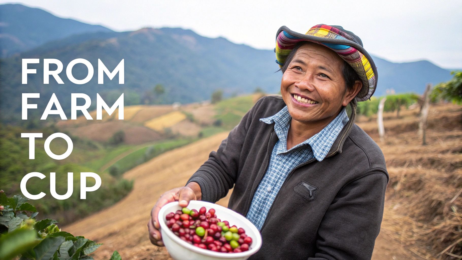 A joyful coffee farmer holds freshly picked red and green coffee cherries on a scenic mountain farm.