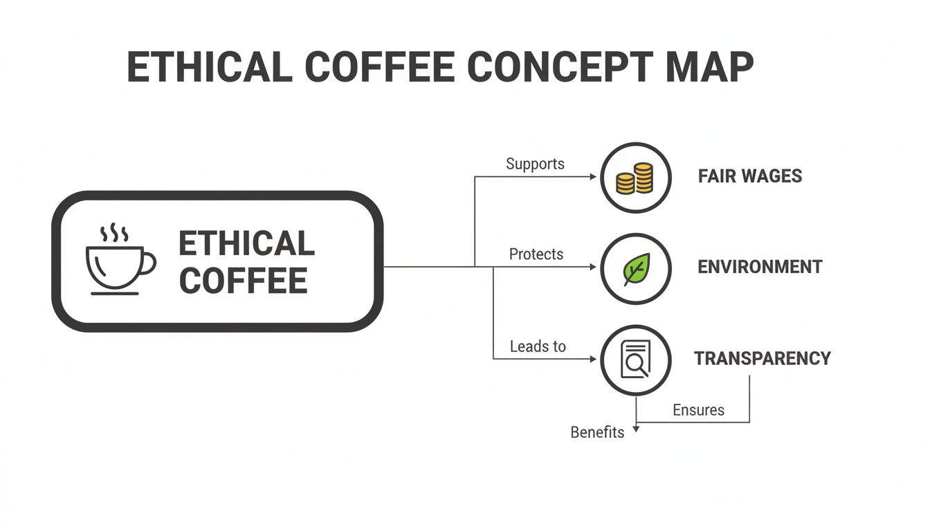 A concept map illustrating the pillars of ethical coffee: fair wages, environment protection, and transparency.