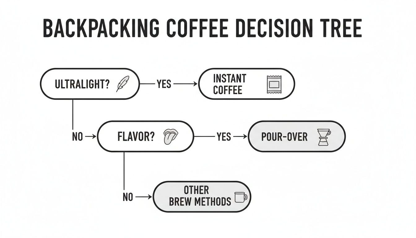 A backpacking coffee decision tree flowchart, guiding choices based on ultralight needs and flavor preference.