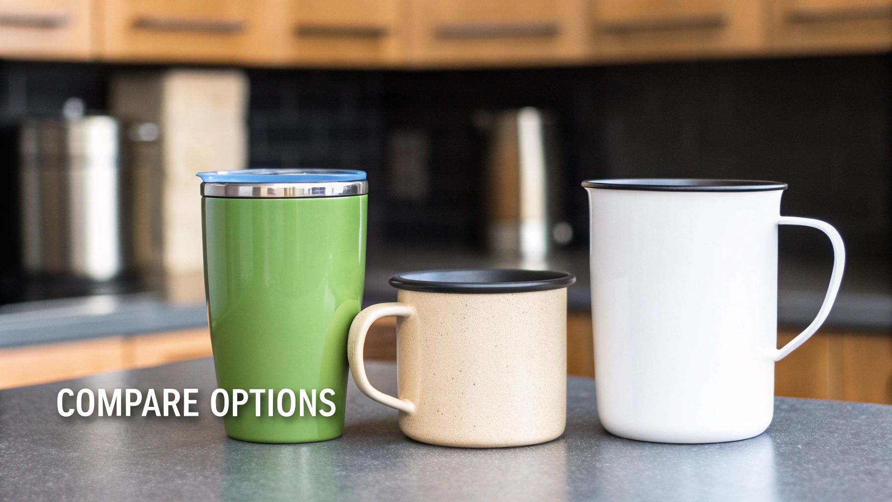 A green travel tumbler, beige ceramic mug, and white enamel mug on a kitchen counter.