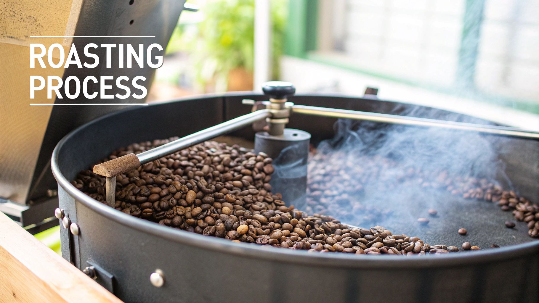 Close-up of coffee beans actively roasting in a professional coffee roaster with visible smoke.