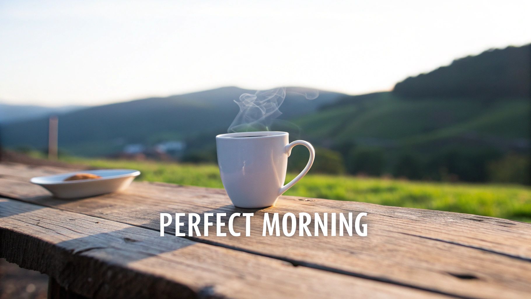 A steaming white mug and cookie on a rustic wooden table overlooking scenic green hills on a bright morning.
