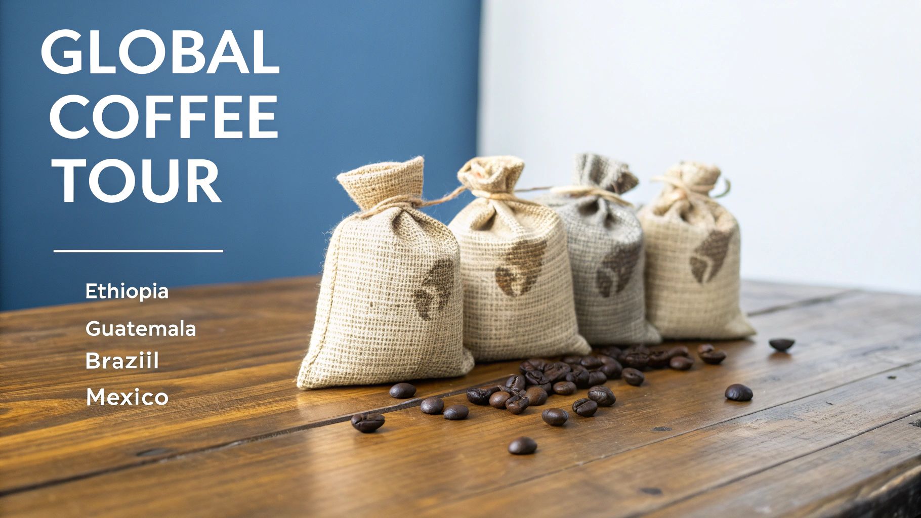 Four small burlap coffee bags and scattered coffee beans on a wooden table, promoting a Global Coffee Tour.