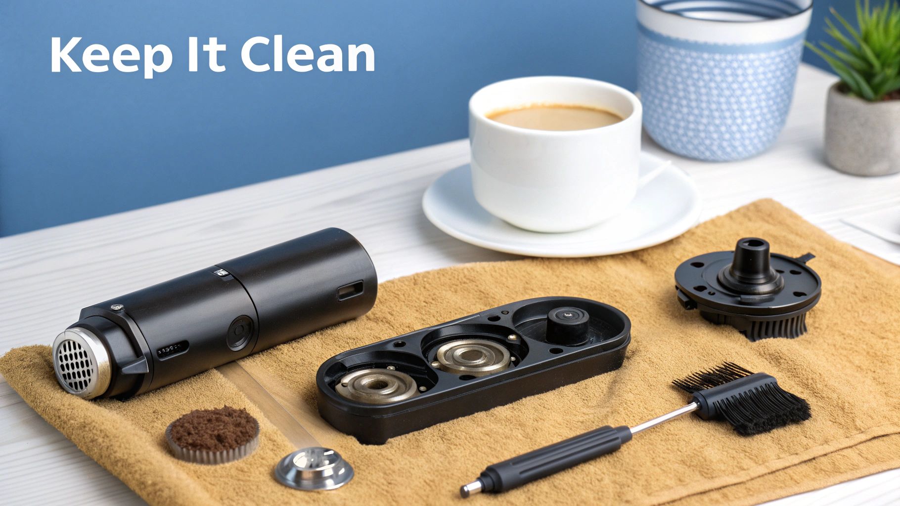 Disassembled coffee grinder parts, coffee grounds, and a cleaning brush laid on a towel for maintenance.