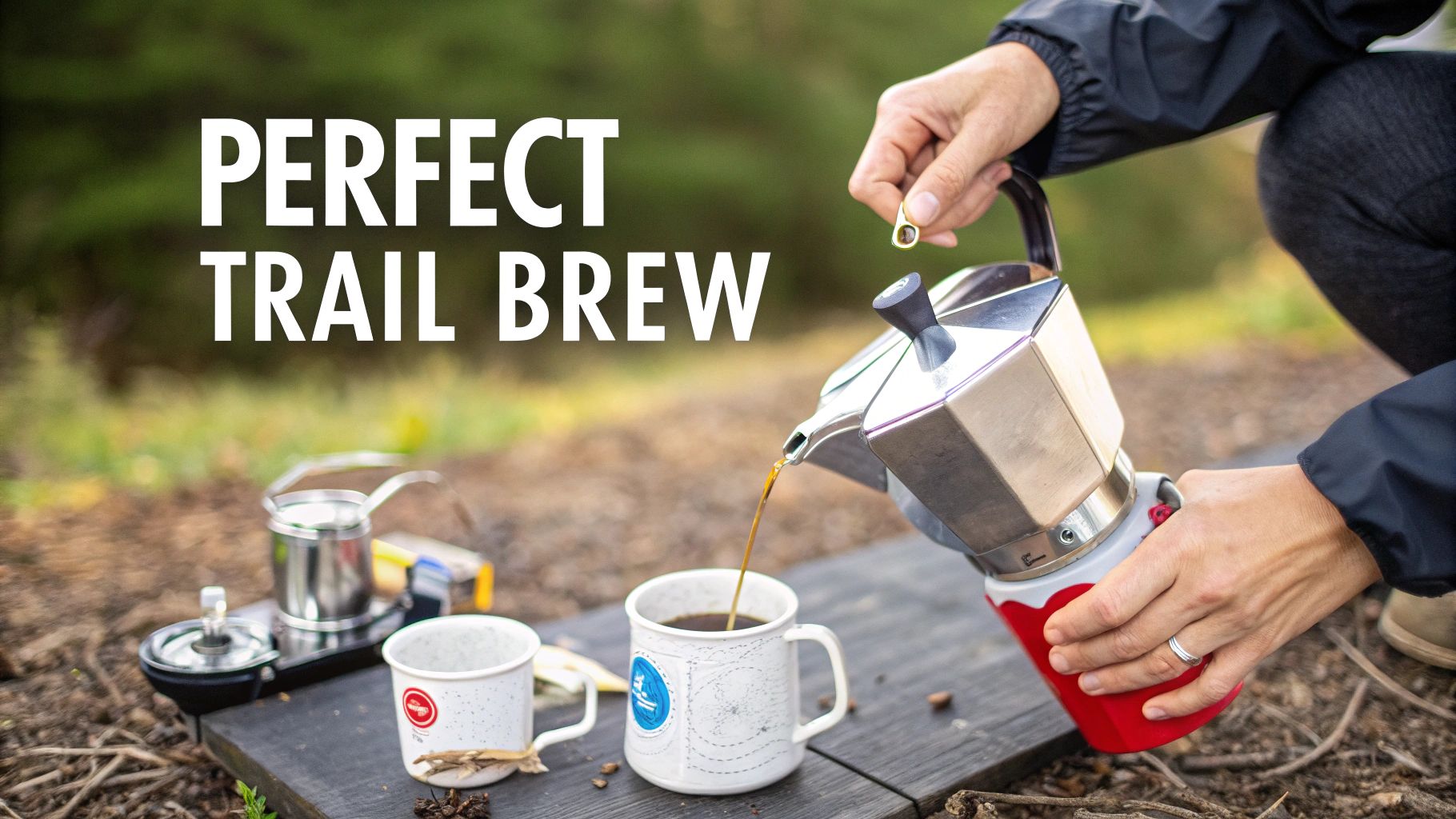 A person pours coffee from a moka pot into a white enamel mug outdoors for a perfect trail brew.