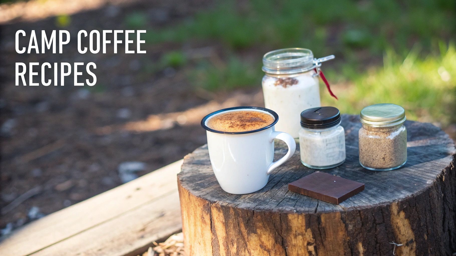 A mug of camp coffee with cinnamon, creamer, sugar, and chocolate on a tree stump.