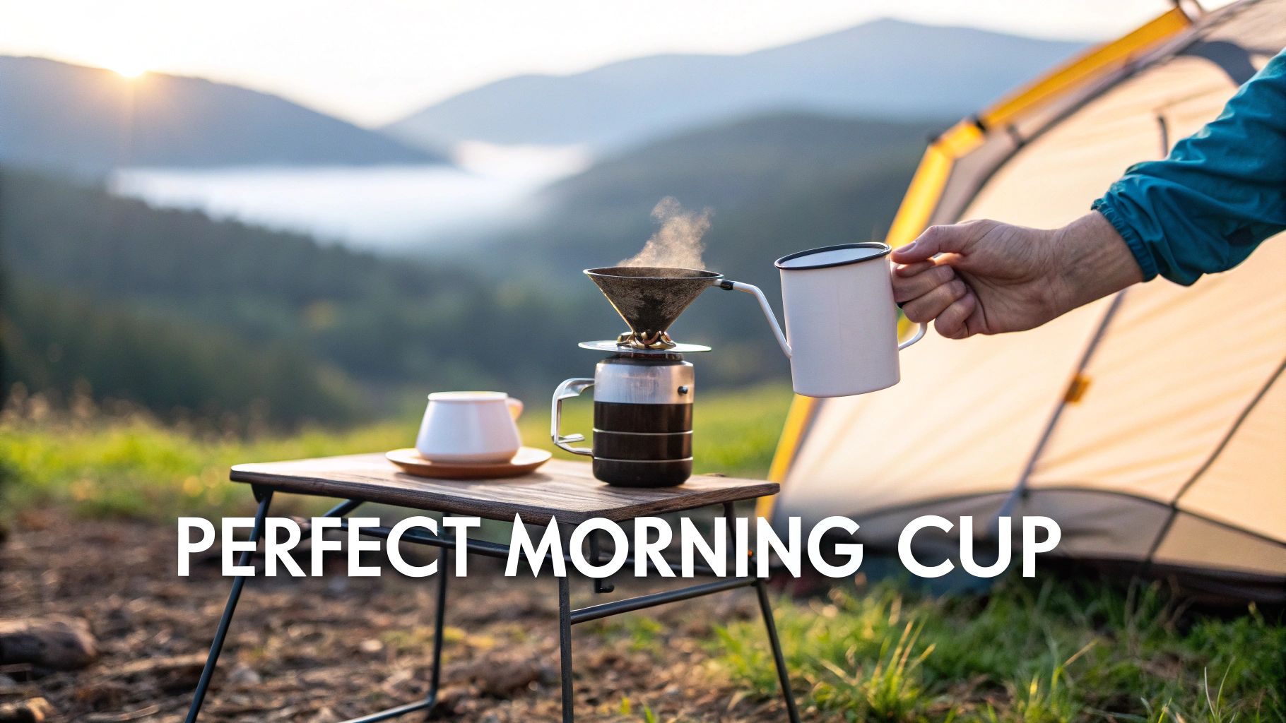Making pour-over coffee outdoors at sunrise, with a camping tent and misty mountains.