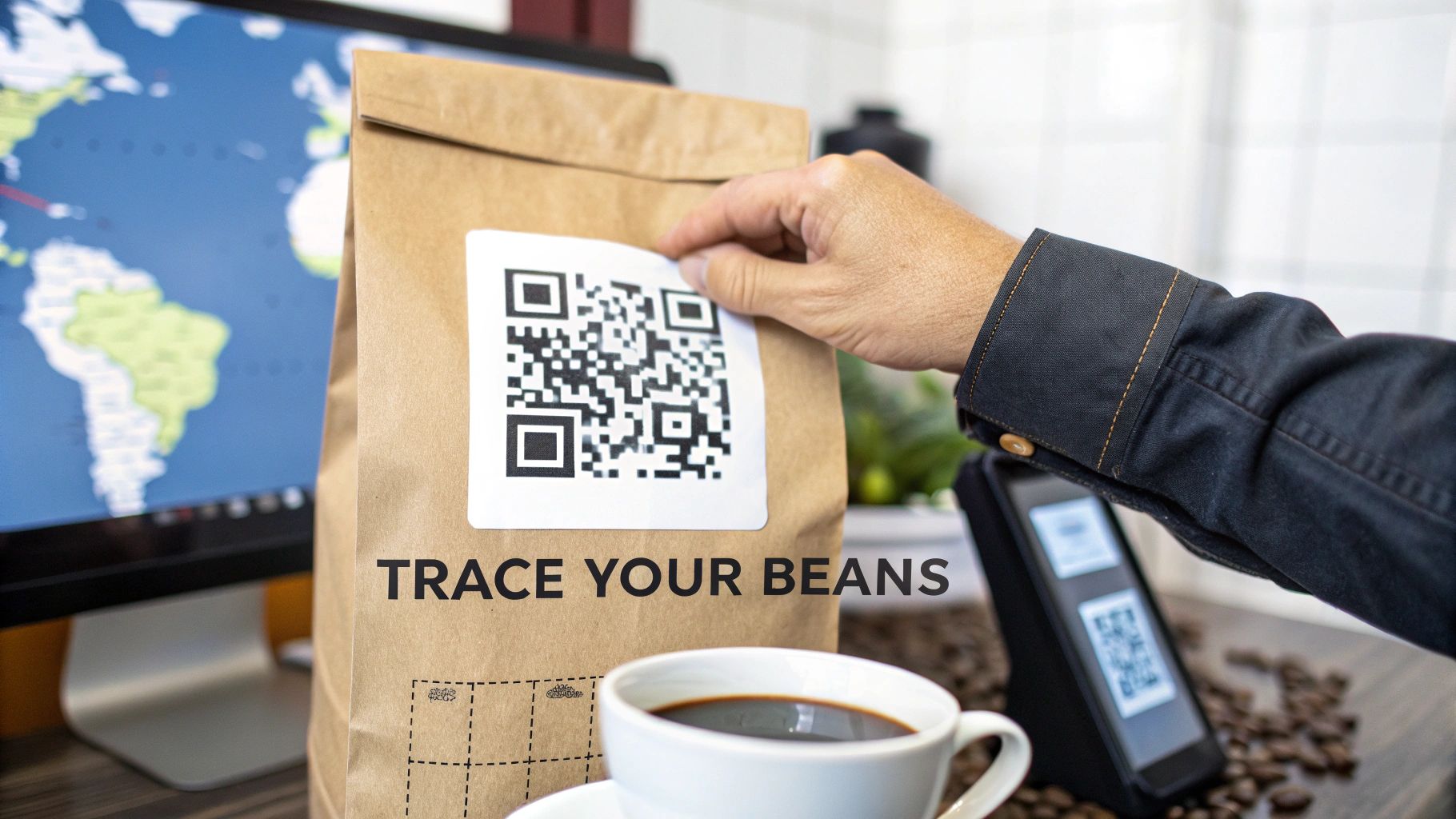 A person peeling a QR code sticker from a coffee bean bag that says 'TRACE YOUR BEANS'.