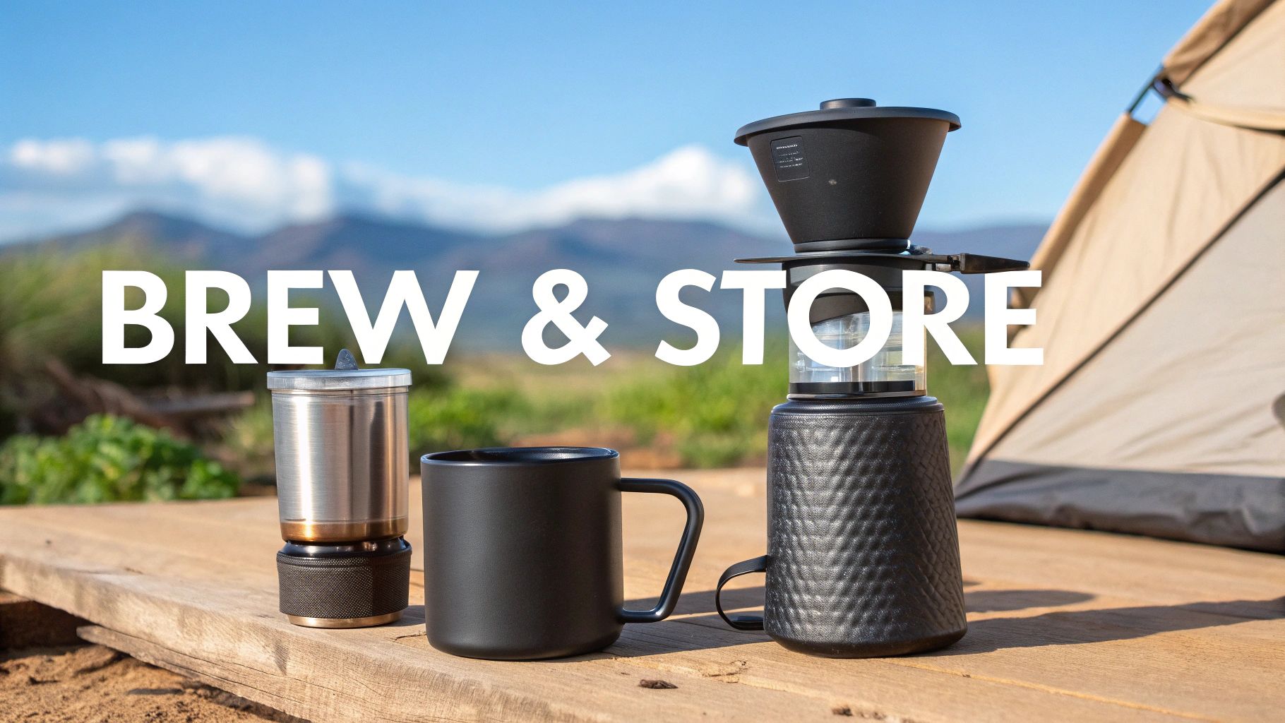 Portable coffee brewing equipment and a black mug on a wooden surface outdoors with mountains and a tent.