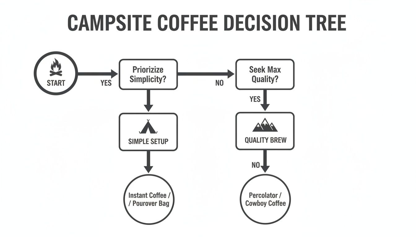 Campsite coffee decision tree flowchart guiding users to brewing methods based on simplicity and quality.