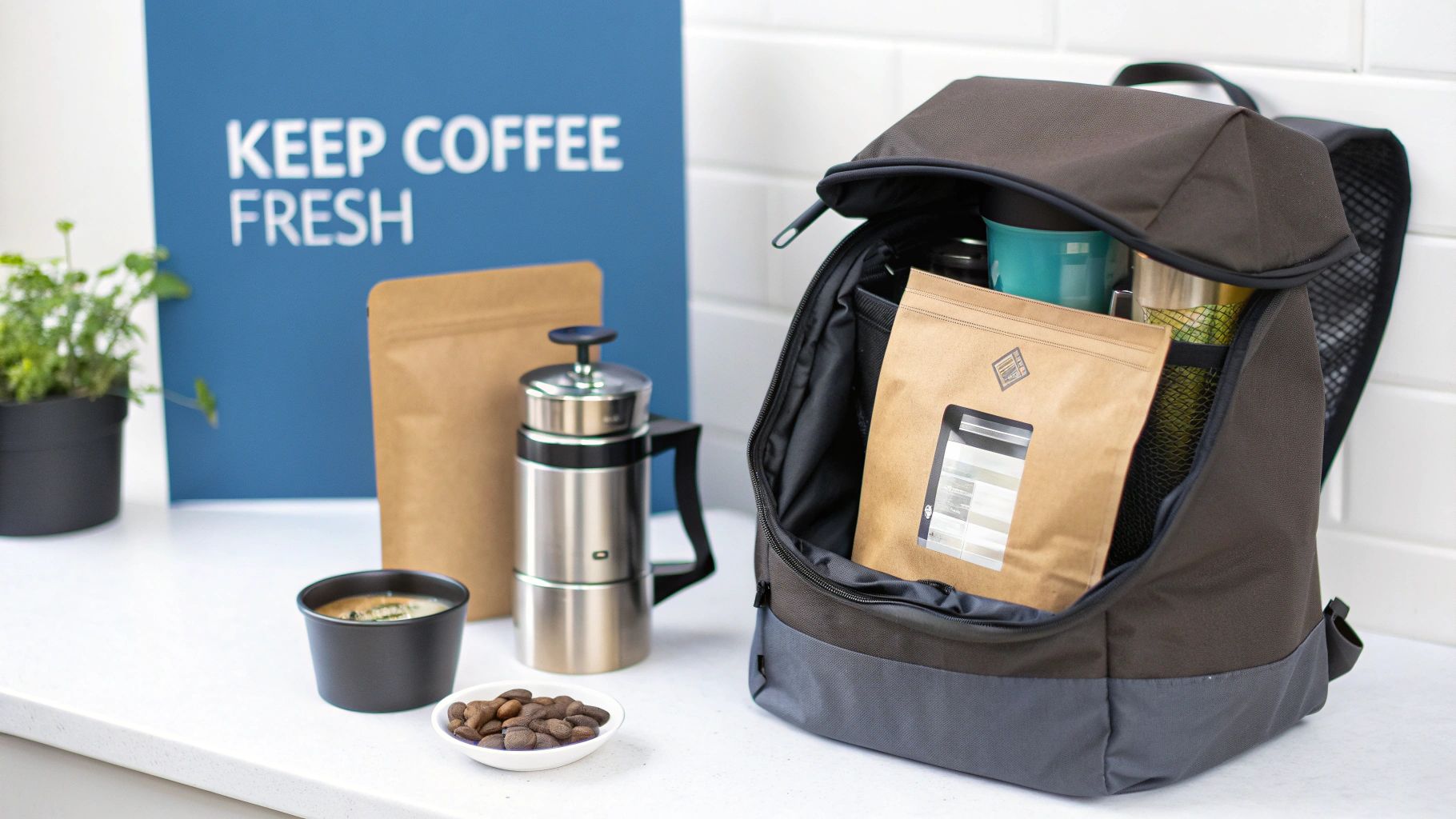 Coffee equipment like a French press, beans, cups, and packaged coffee, some stored in a backpack.