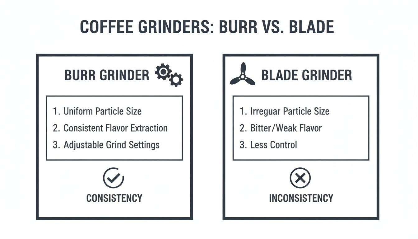 Comparison chart of coffee grinders, highlighting burr grinder advantages (consistency) over blade grinder disadvantages (inconsistency).