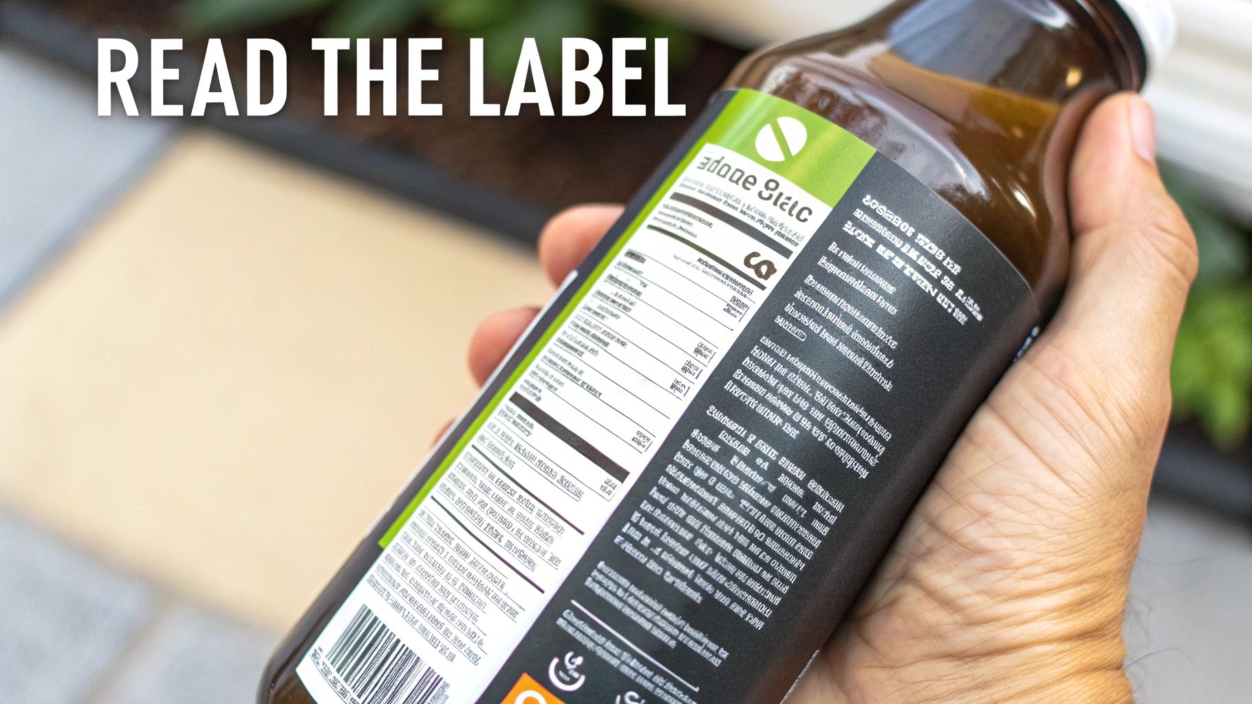 Close-up of a hand holding a dark bottle with a product label, highlighting the text 'READ THE LABEL'.