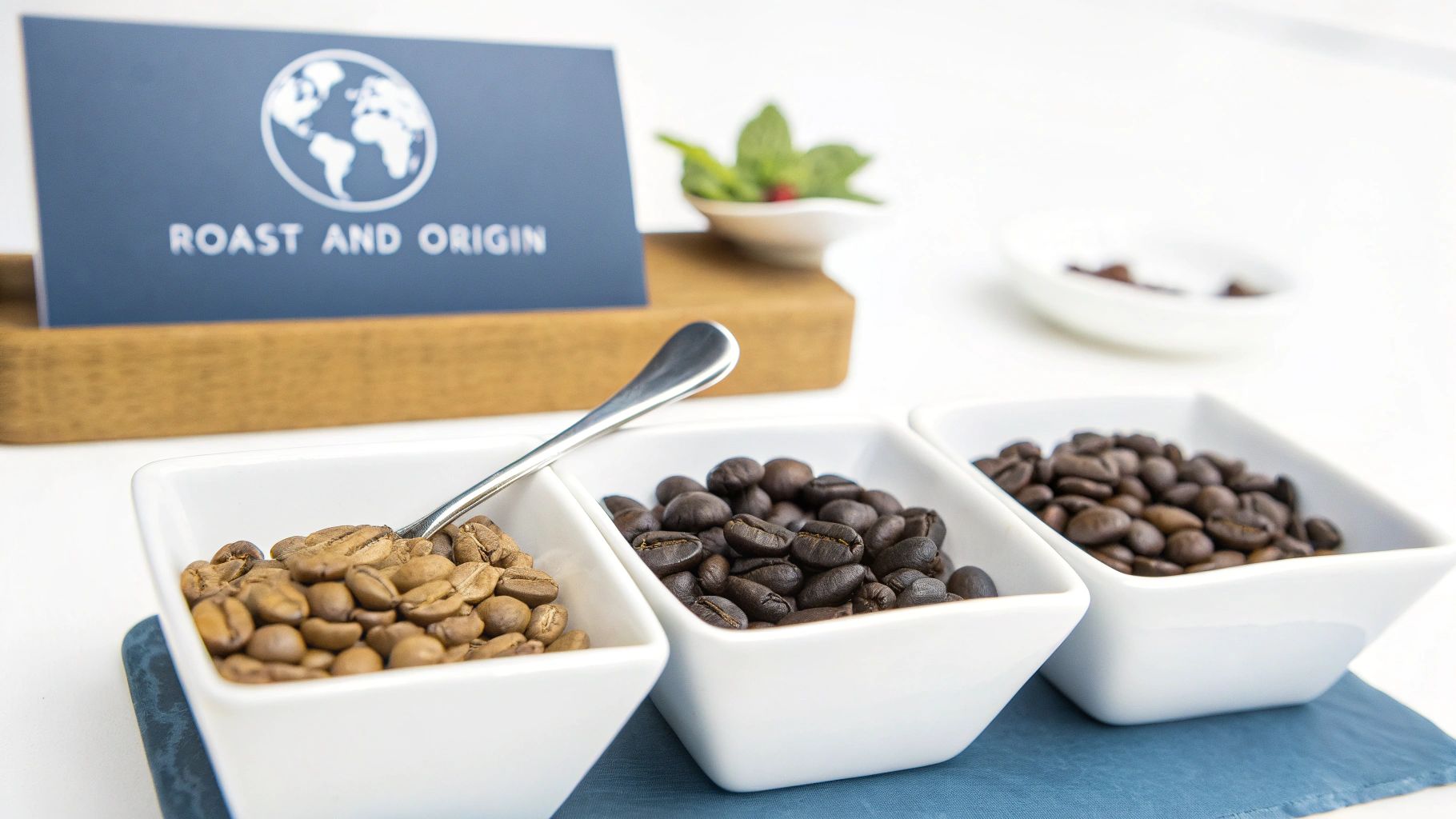 Three bowls showcasing different coffee bean roasts, from light to dark, with a 'Roast and Origin' sign.