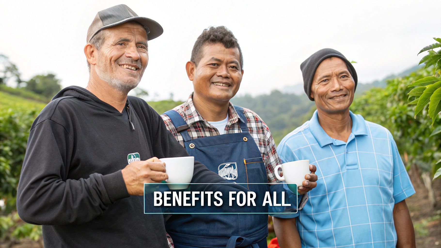 Three smiling coffee farmers proudly hold white cups in their lush field, with text 'Benefits for All'.
