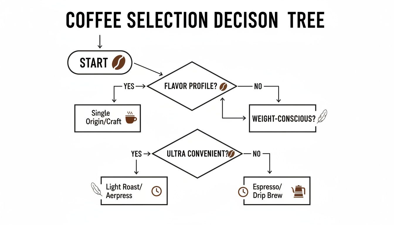 A coffee selection decision tree flowchart guides choices based on flavor, weight, and convenience for different coffee types.