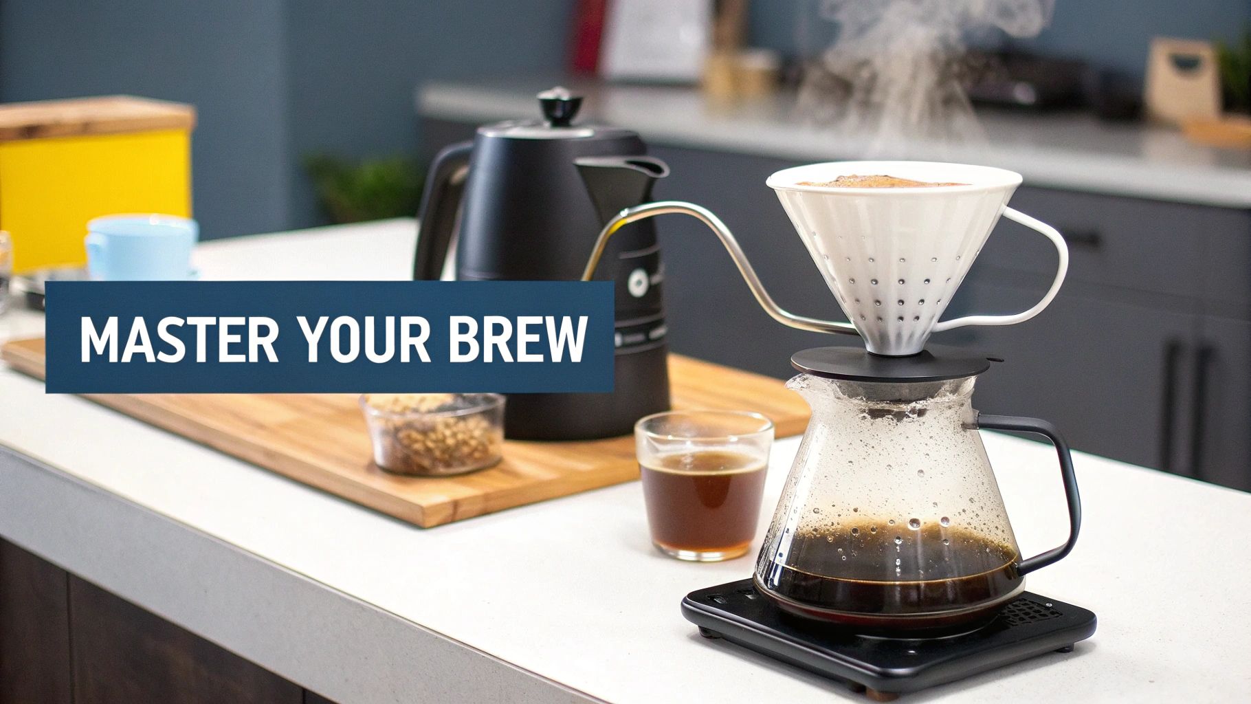 Pour-over coffee setup with a black gooseneck kettle, white dripper, glass server, and a cup of coffee.