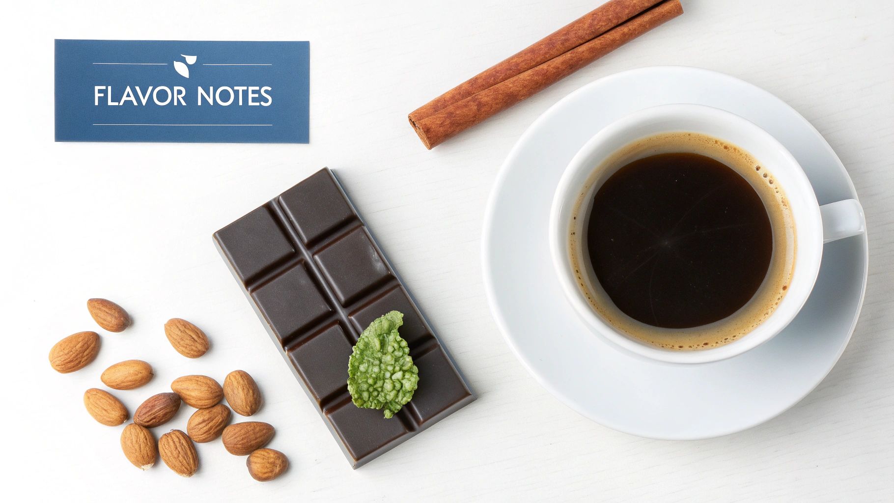 A flat lay of a coffee cup, dark chocolate, almonds, cinnamon sticks, and a 'FLAVOR NOTES' card.