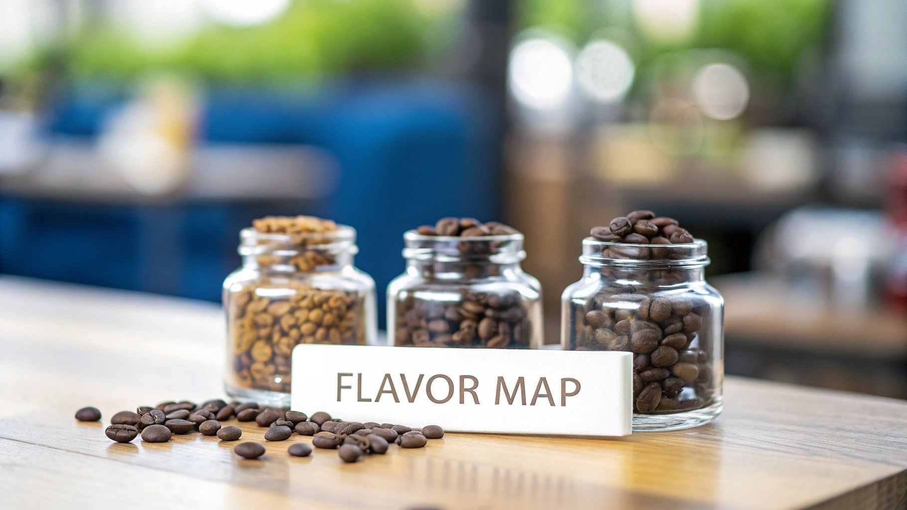Three jars showcasing different coffee bean roasts, from light to dark, with a 'FLAVOR MAP' sign on a wooden table.
