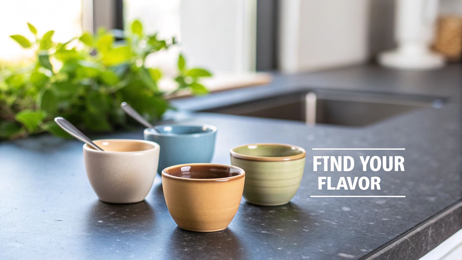 Four colorful ceramic bowls with spoons on a dark kitchen counter, with green plants in background.