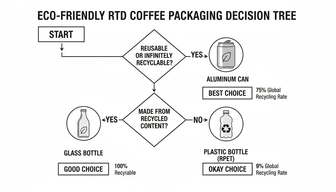 Flowchart illustrating eco-friendly RTD coffee packaging choices: aluminum can, glass bottle, or plastic bottle.