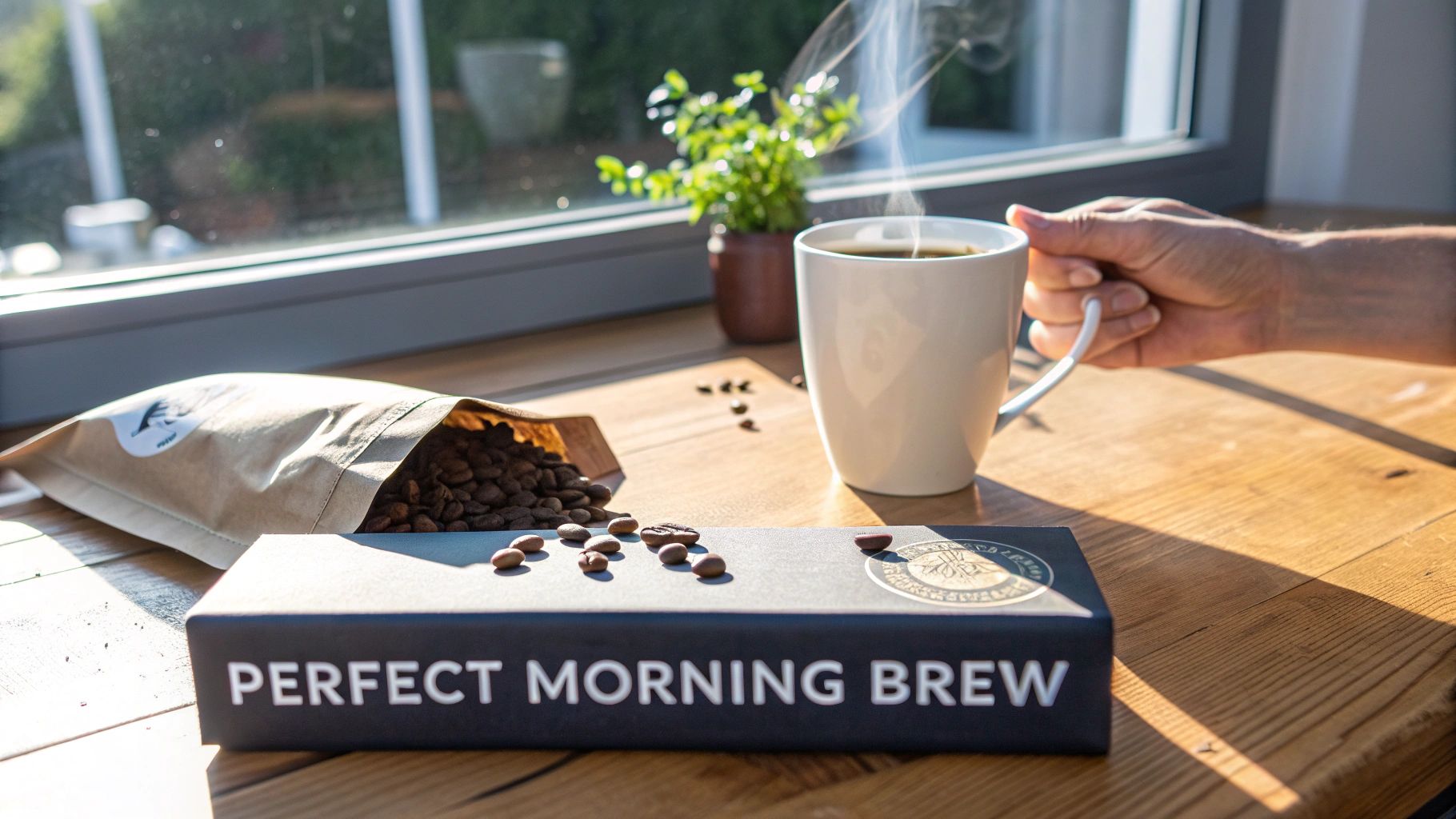 A hand holds a steaming white coffee mug next to coffee beans and a 'Perfect Morning Brew' box by a sunny window.