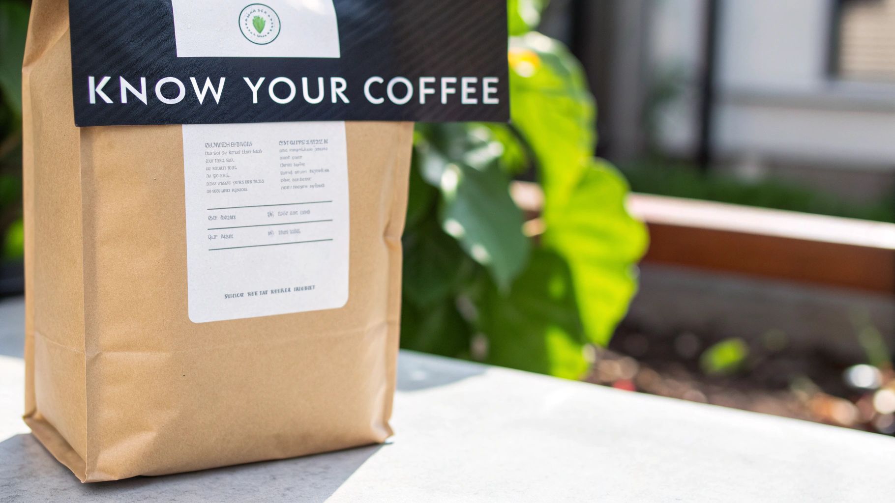 A brown paper bag of coffee with a 'KNOW YOUR COFFEE' label on a white table.