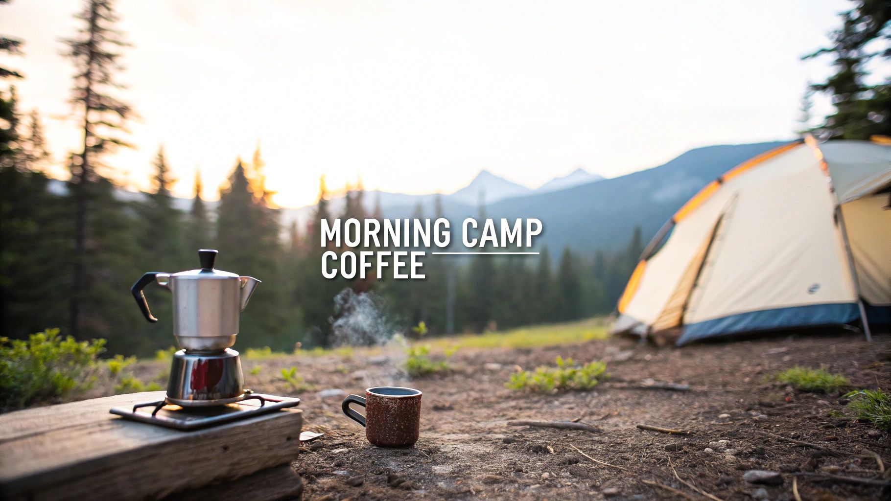 A moka pot on a camp stove and a steaming coffee mug at a mountain campsite with a tent.