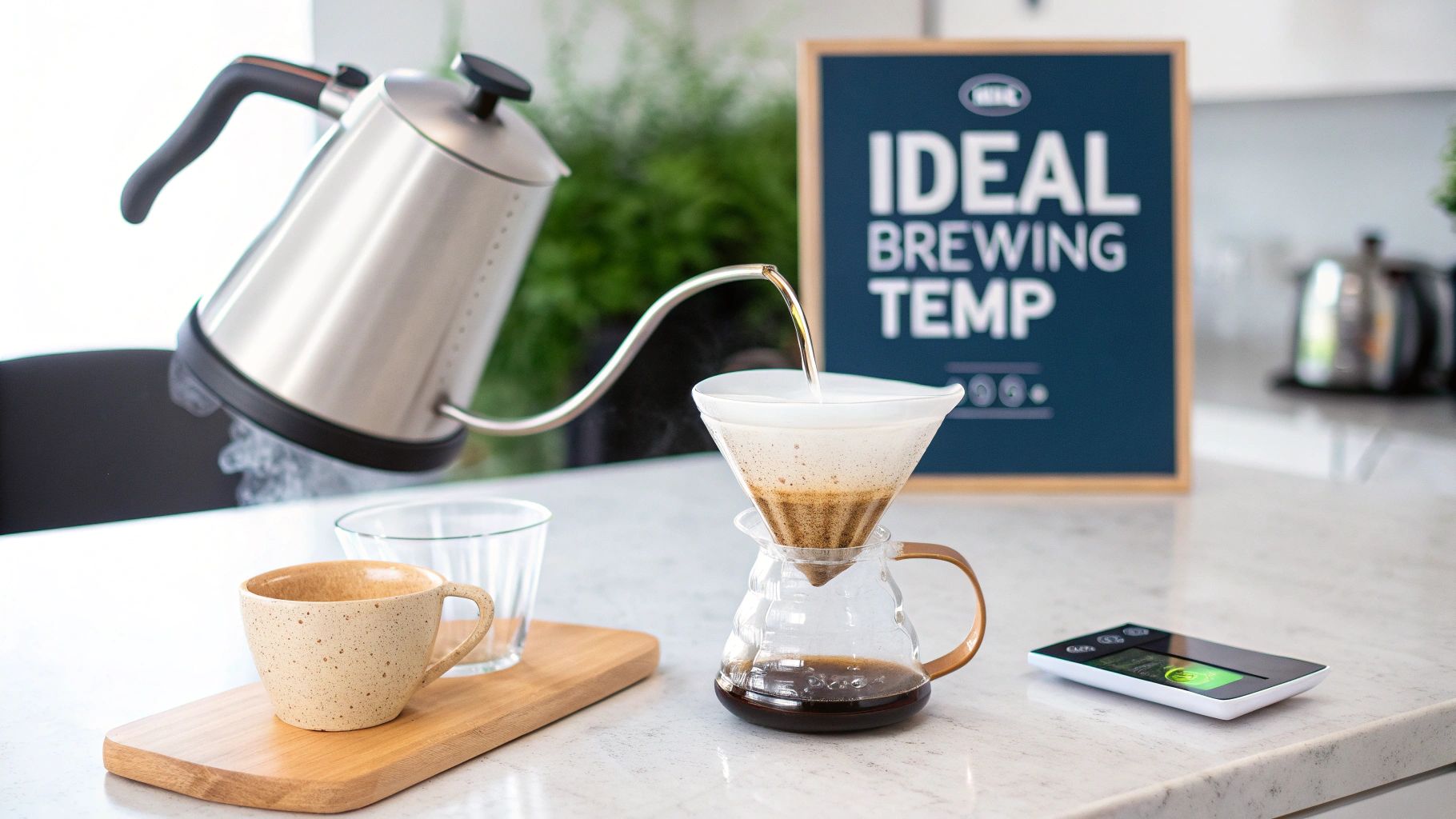 A gooseneck kettle pours hot water into a pour-over coffee maker on a kitchen counter.