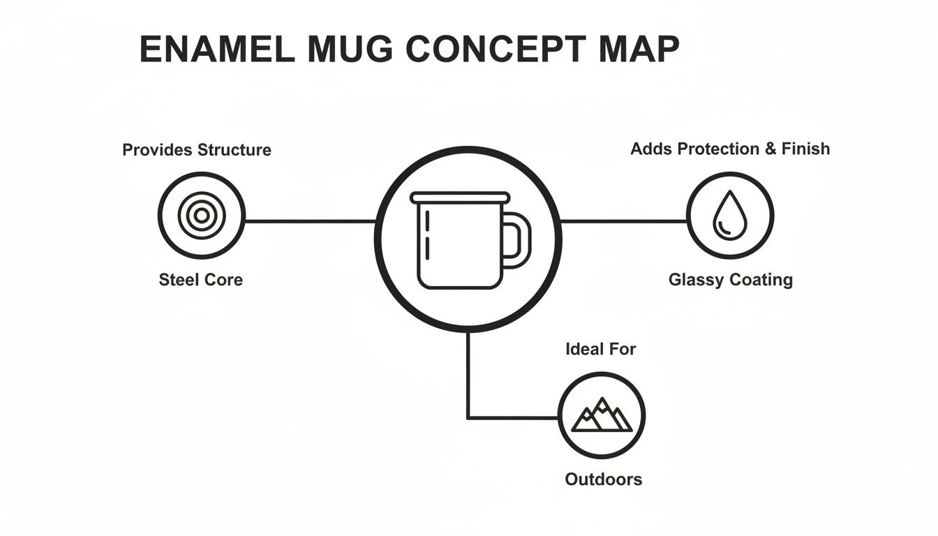 An enamel mug concept map showing its steel core, glassy coating, and ideal use for outdoors.