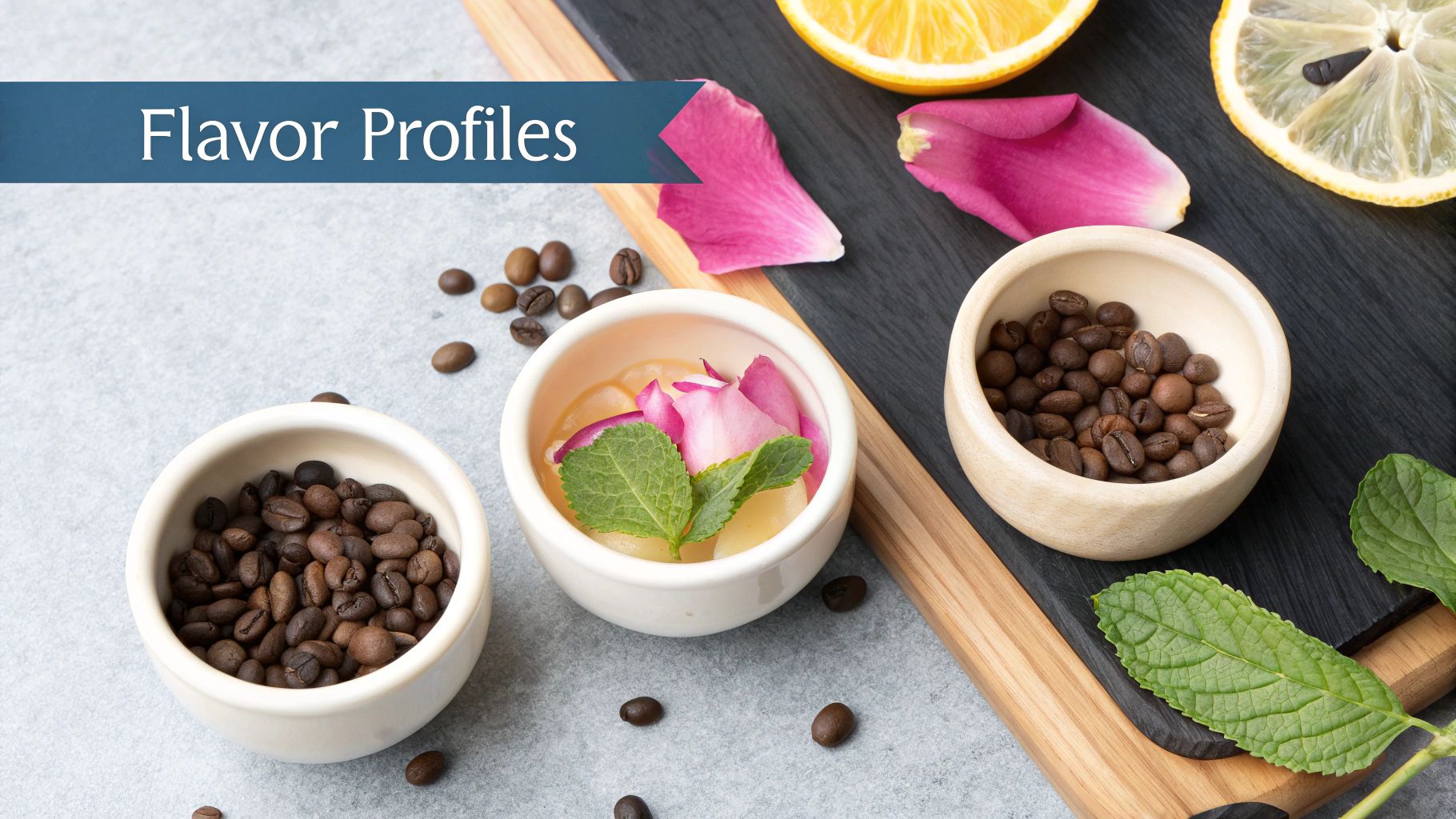 Overhead shot of coffee beans, rose petals, mint leaves, and lemon slices for flavor profiles.