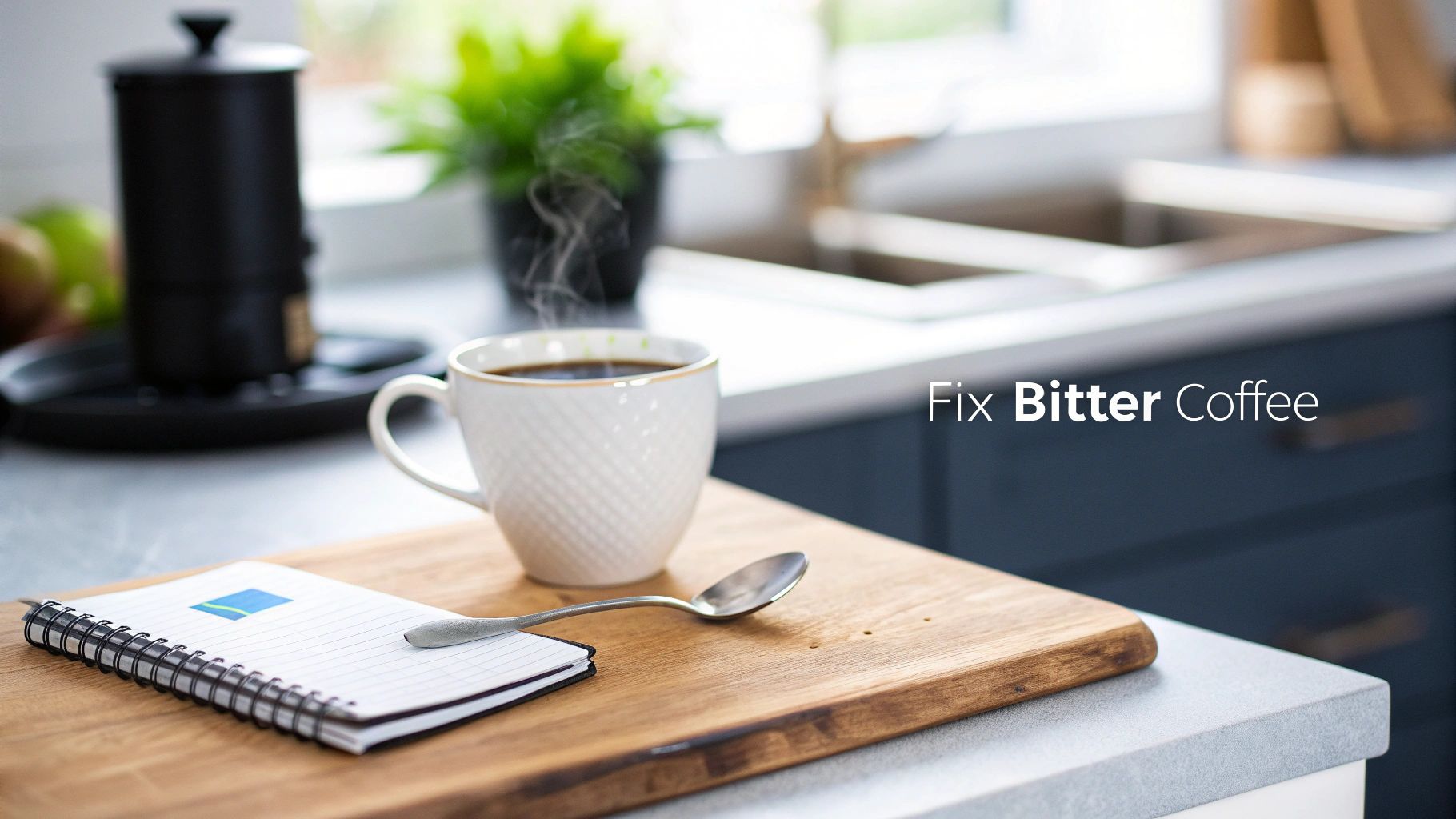 A steaming cup of coffee, notebook, and spoon on a wooden board in a modern kitchen with text 'Fix Bitter Coffee'.