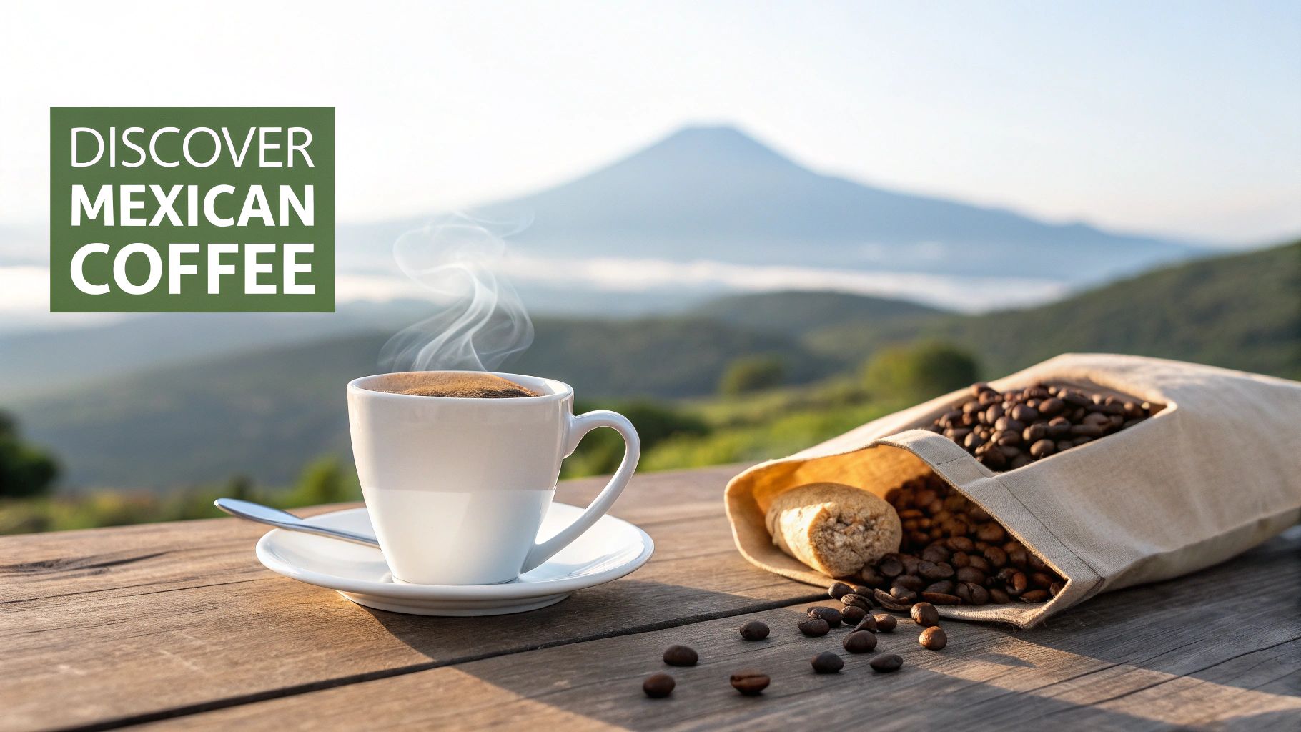 A steaming cup of Mexican coffee and roasted beans on a wooden table with mountains.