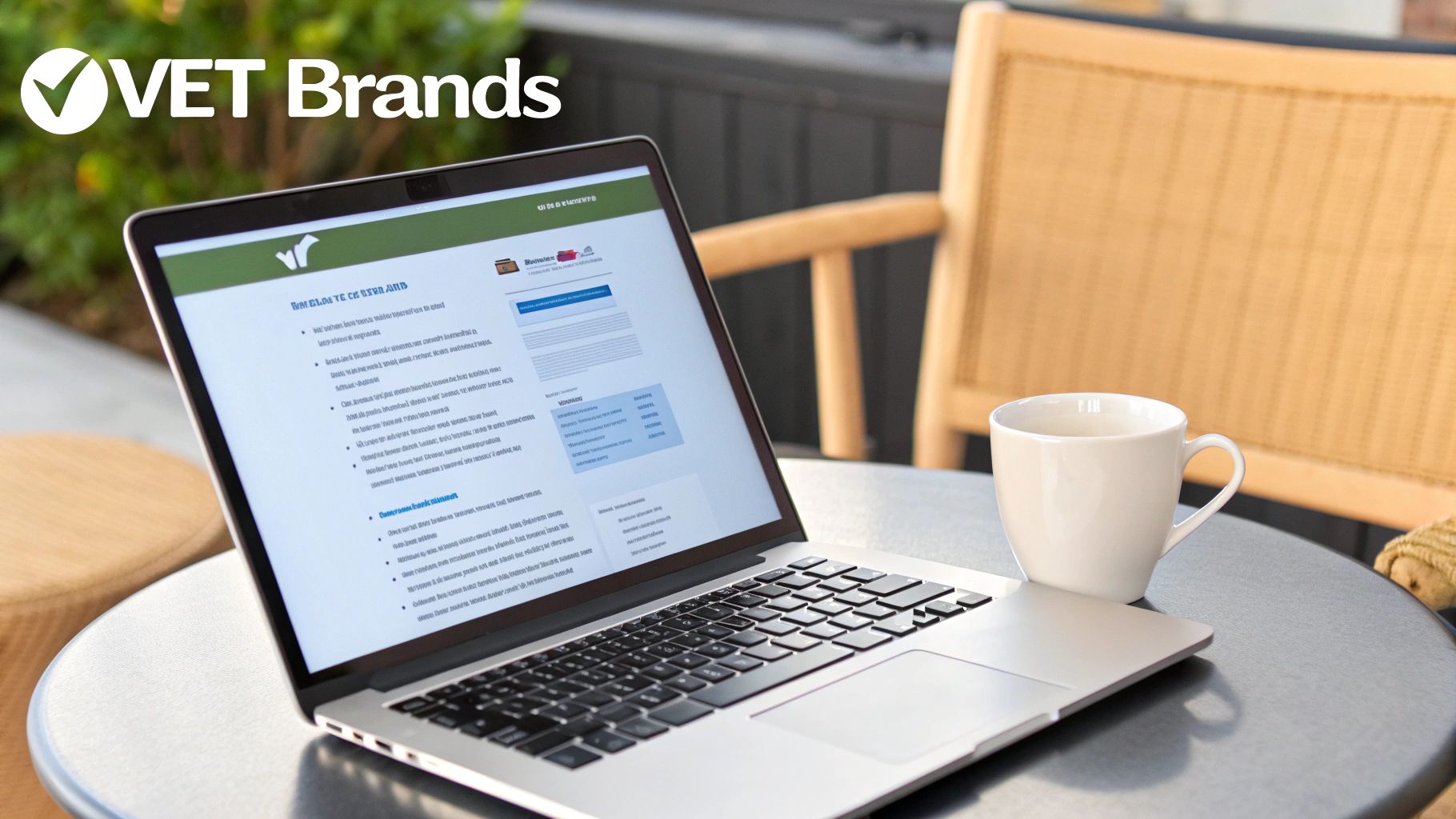 A laptop with a white coffee cup on an outdoor table, featuring the 'VET Brands' logo.