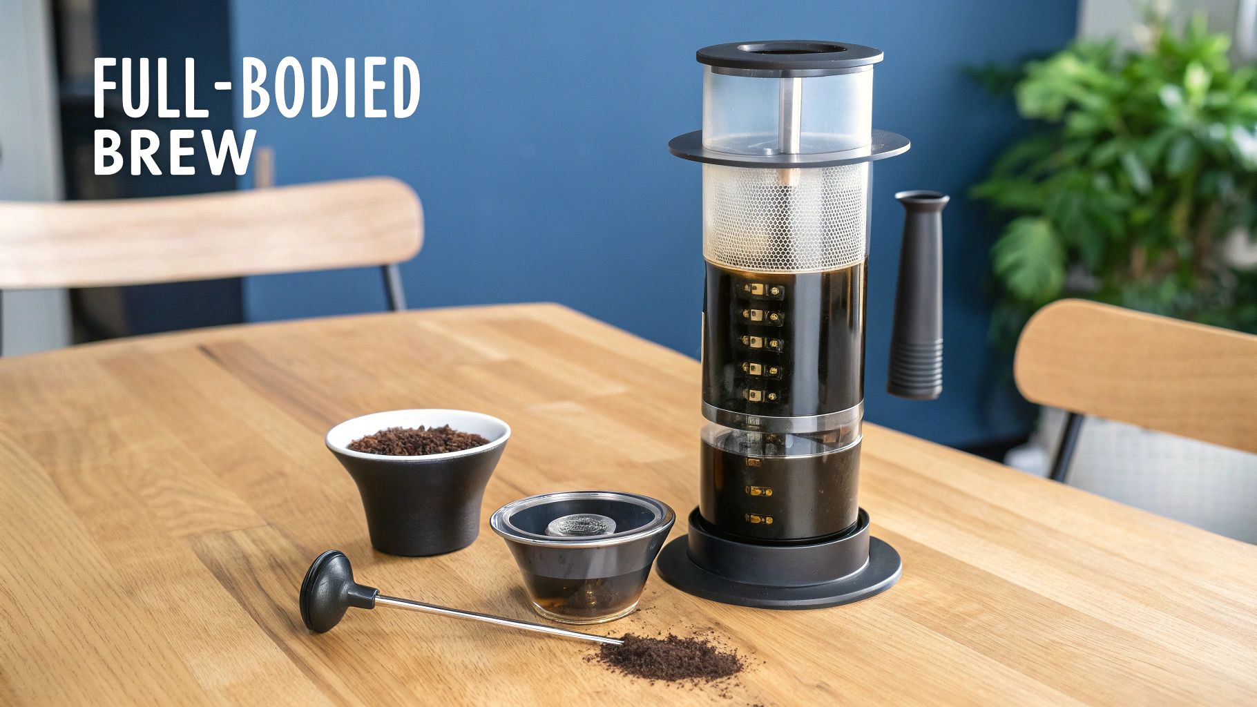 A coffee brewing setup on a wooden table, featuring a modern coffee maker, ground coffee, and a stirrer.