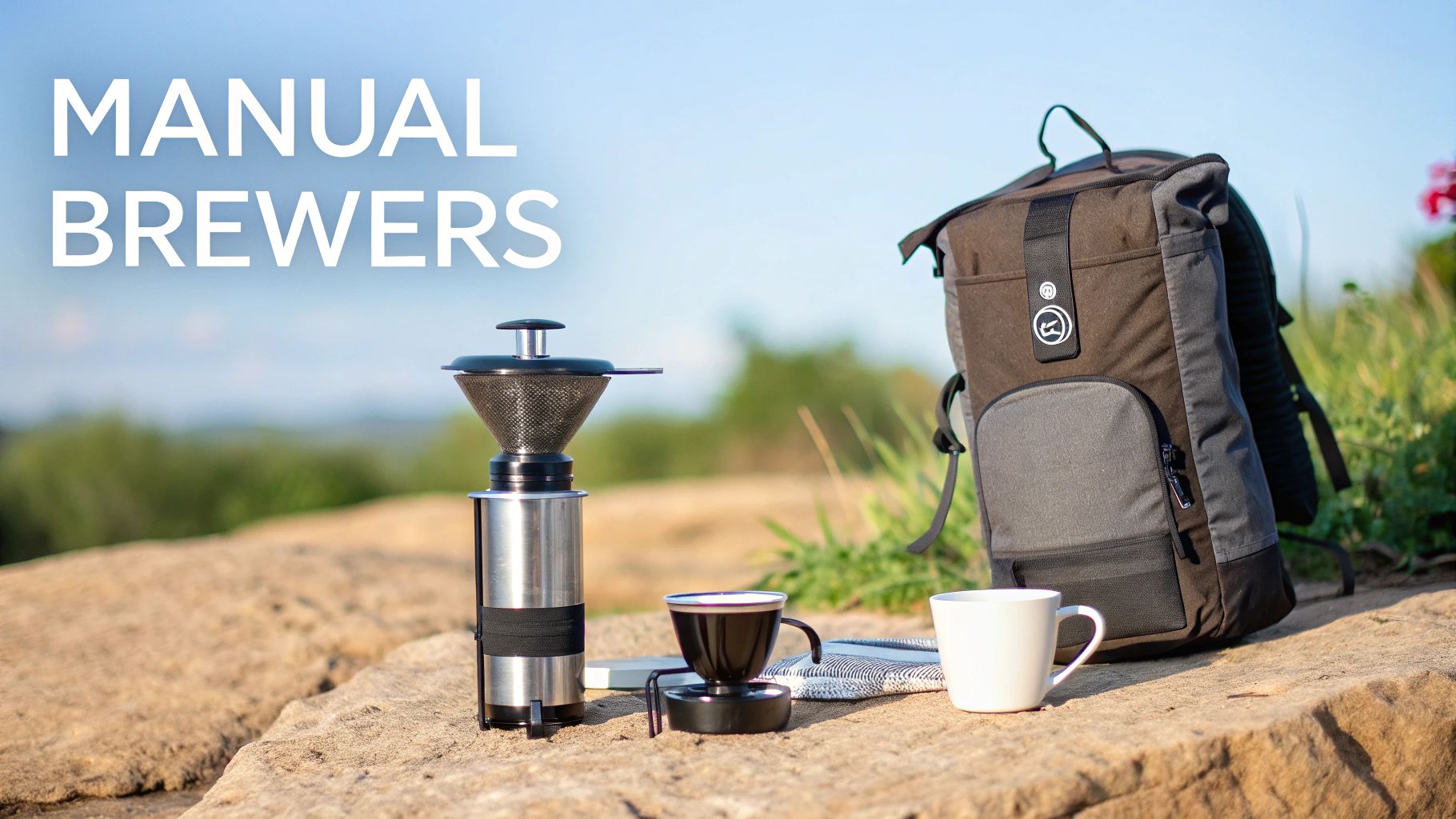 A manual coffee brewing setup, including a grinder, cups, and a backpack on a rock outdoors.