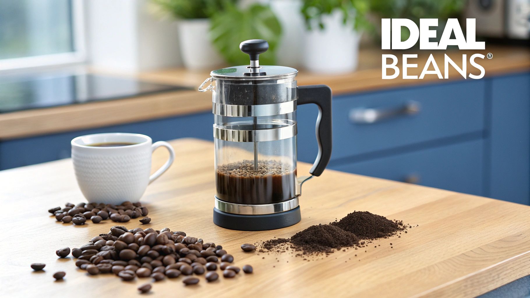 A french press brewing coffee, with a cup, whole beans, and ground coffee on a wooden kitchen counter.