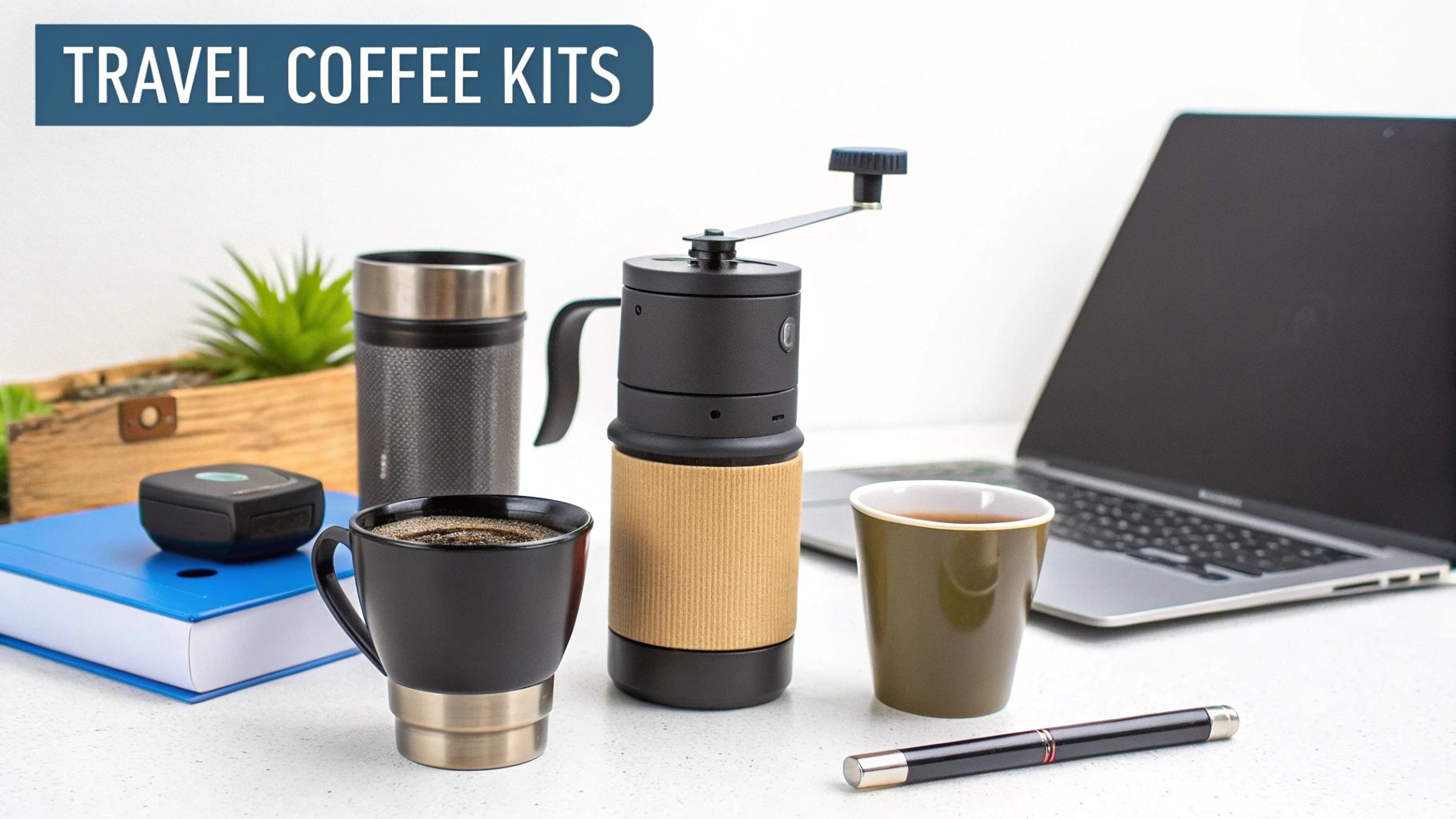 A travel coffee kit including a manual grinder, thermos, and mugs, arranged on a desk with a laptop.