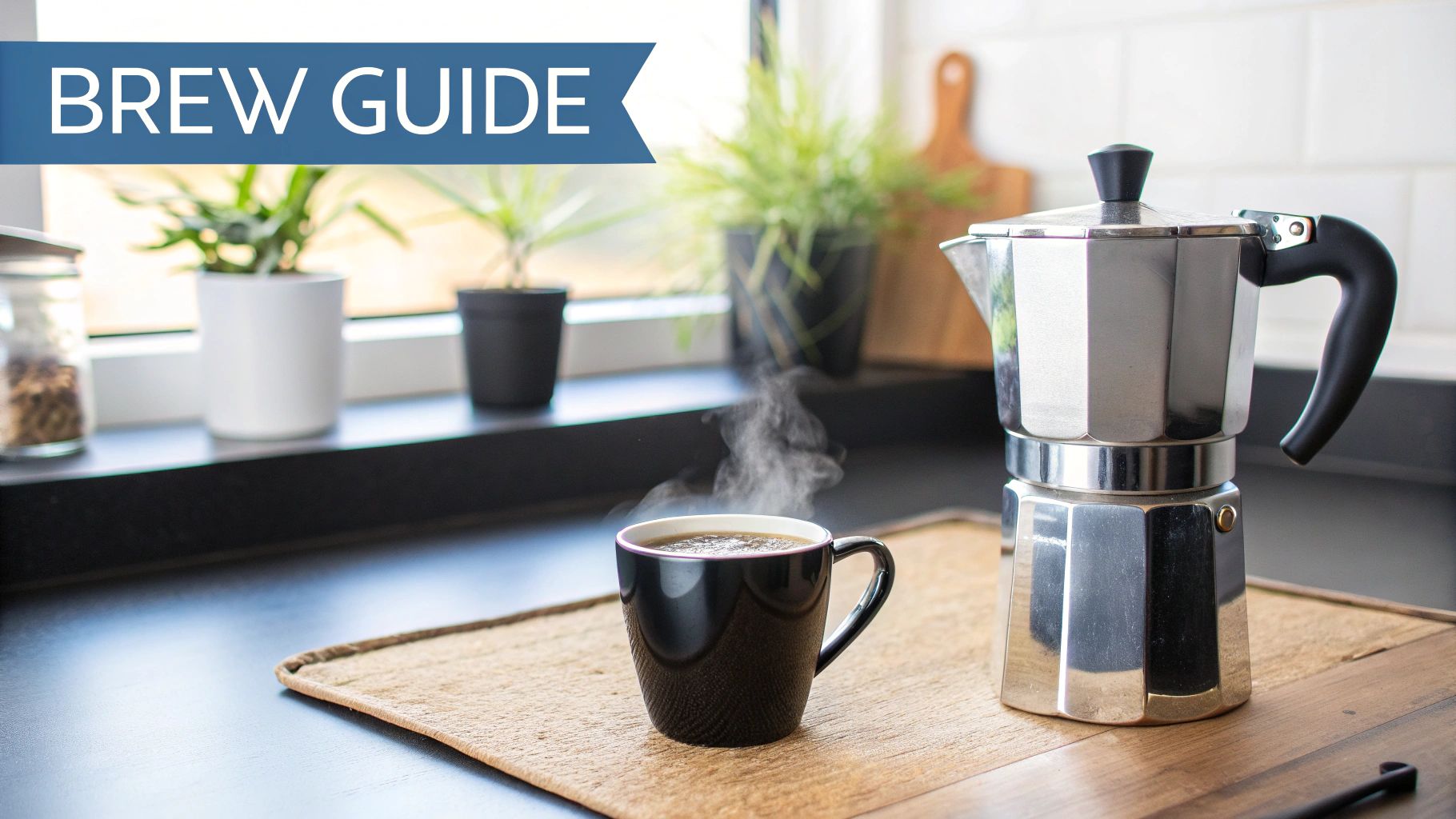 A steaming black coffee mug and a classic moka pot on a kitchen counter with plants.