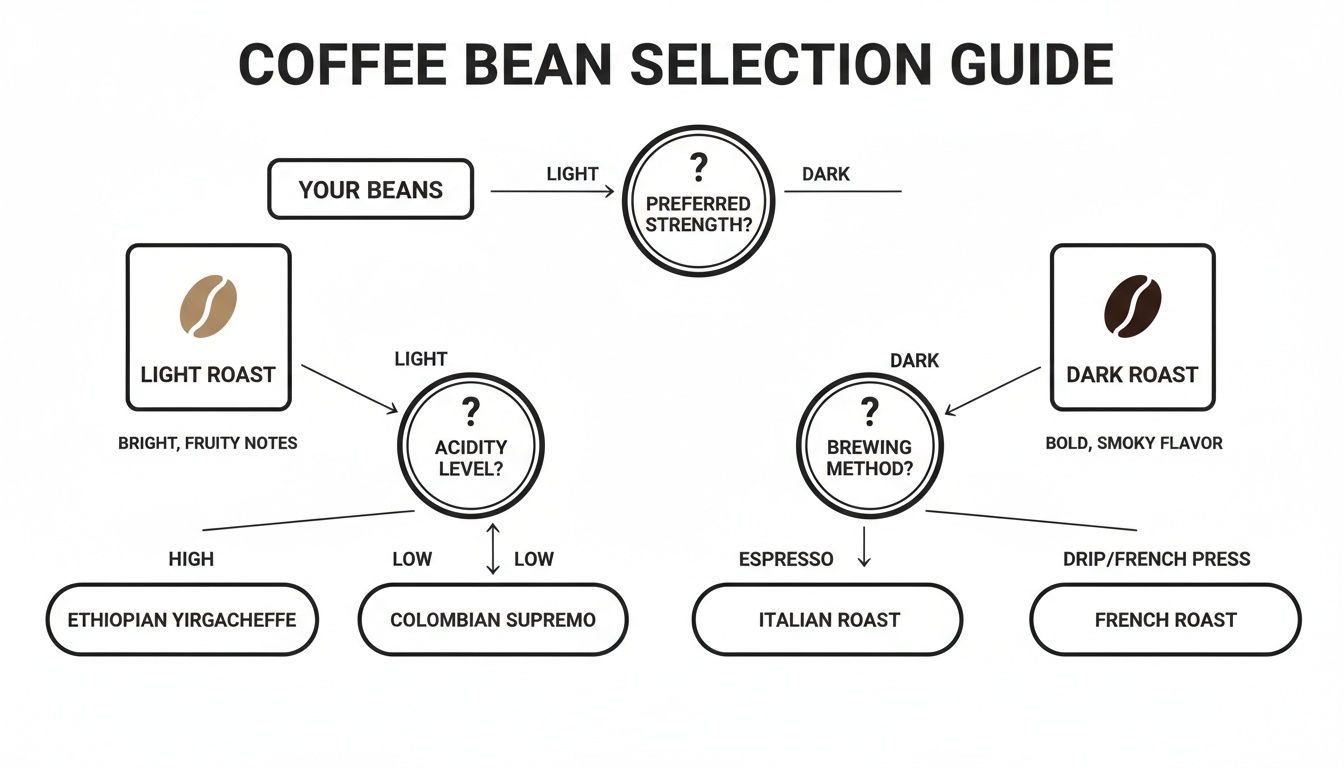 A flowchart guiding coffee bean selection based on preferred strength, acidity level, and brewing method.