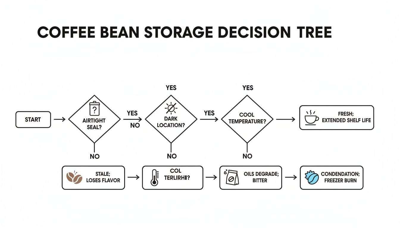 A decision tree flowchart illustrating proper coffee bean storage conditions for freshness and avoiding spoilage.