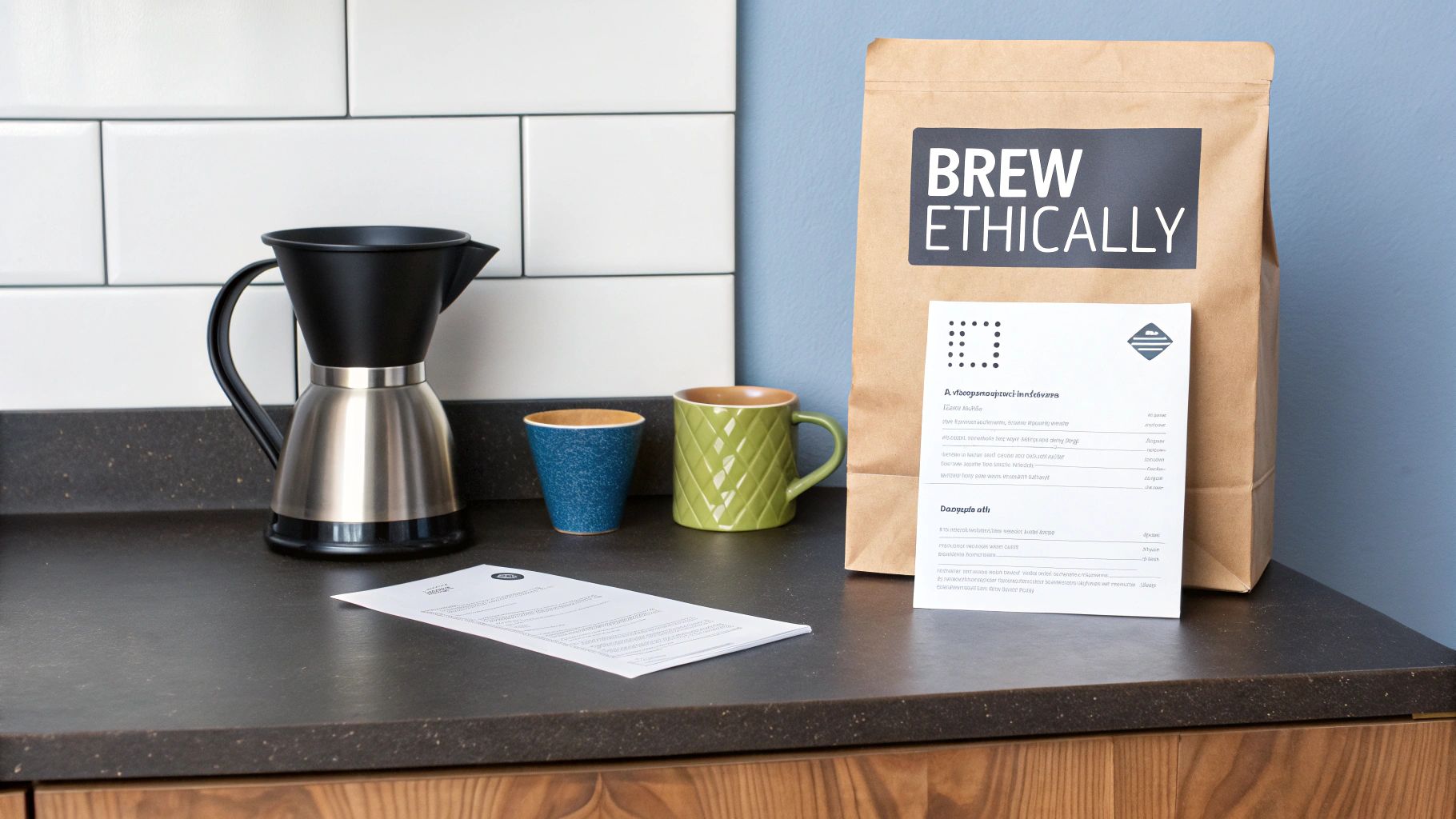 A coffee maker, ethical coffee bag, and mugs on a modern kitchen counter, ready for brewing.