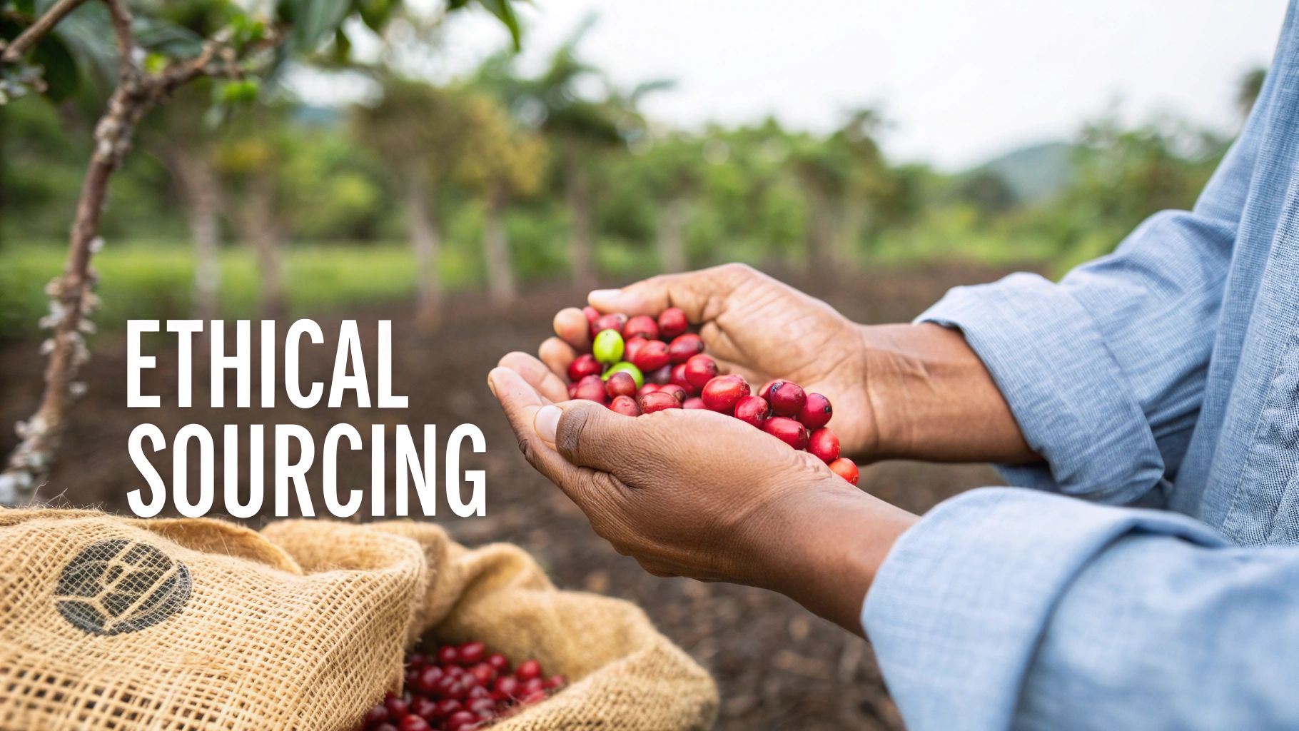 Hands holding ripe red and green coffee cherries over a burlap sack, symbolizing ethical sourcing.