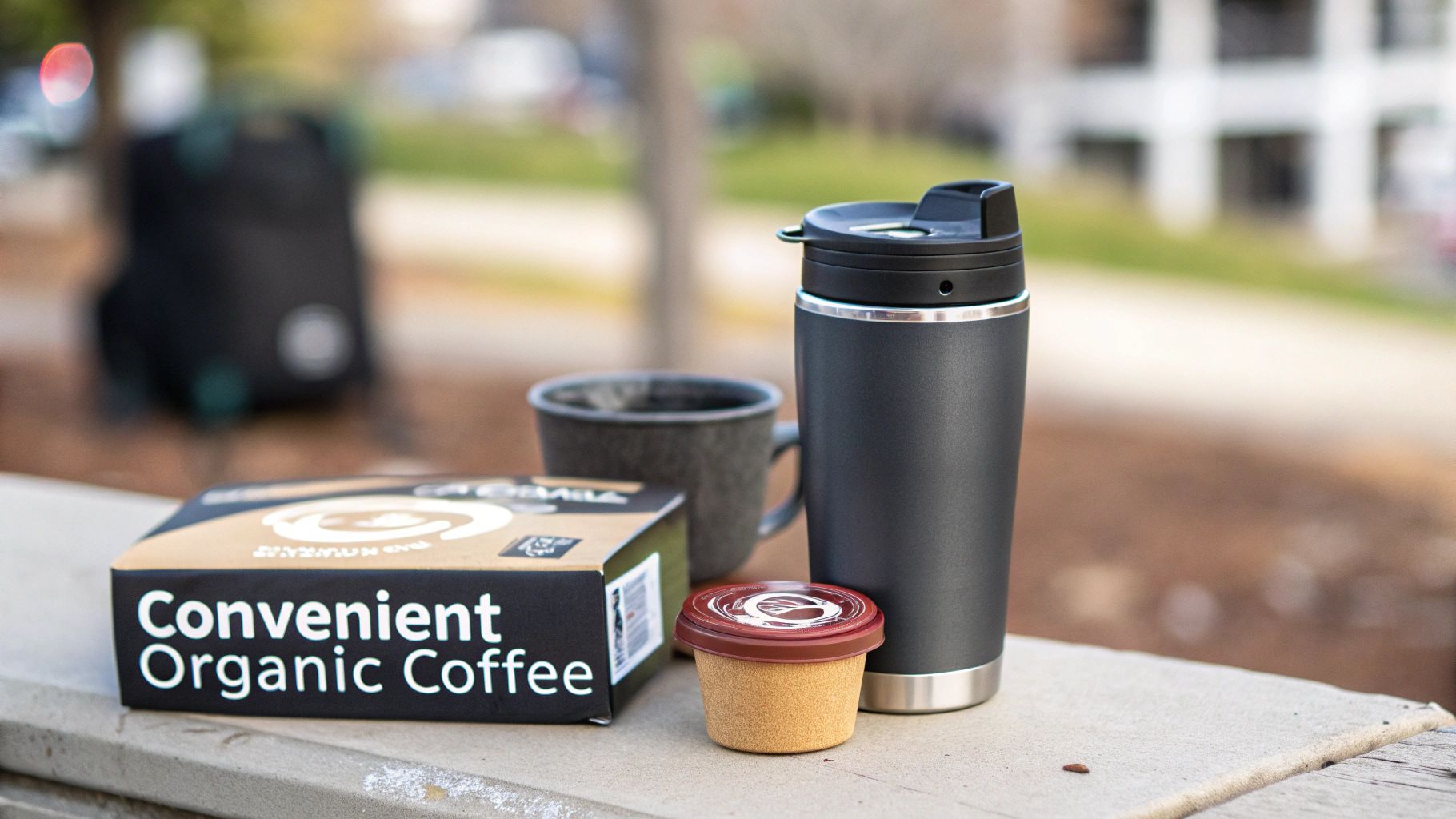 A box of 'Convenient Organic Coffee,' a coffee pod, and two mugs on a surface outdoors.