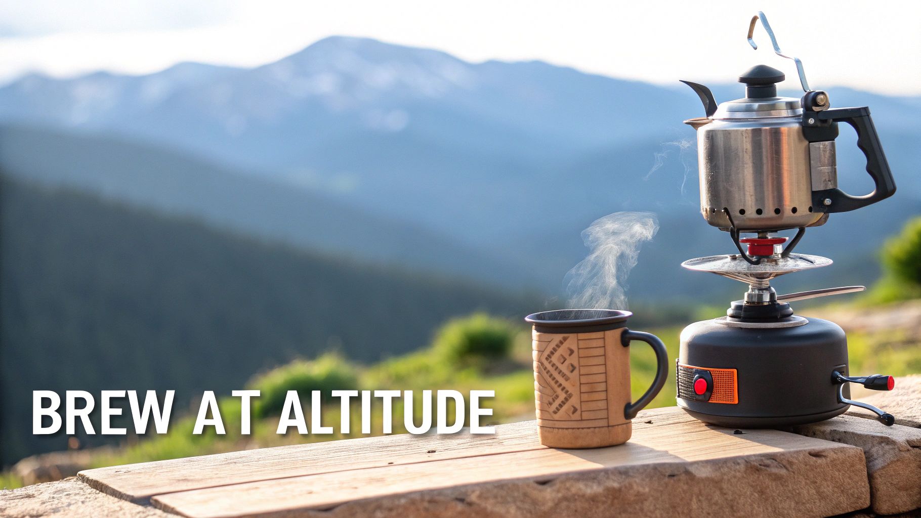 A steaming mug and kettle on a camping stove outdoors, with mountains and 'BREW AT ALTITUDE' text.
