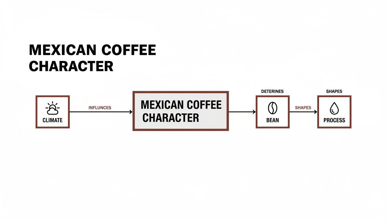 A flowchart showing how climate influences Mexican coffee character, which determines the bean and shapes the process.