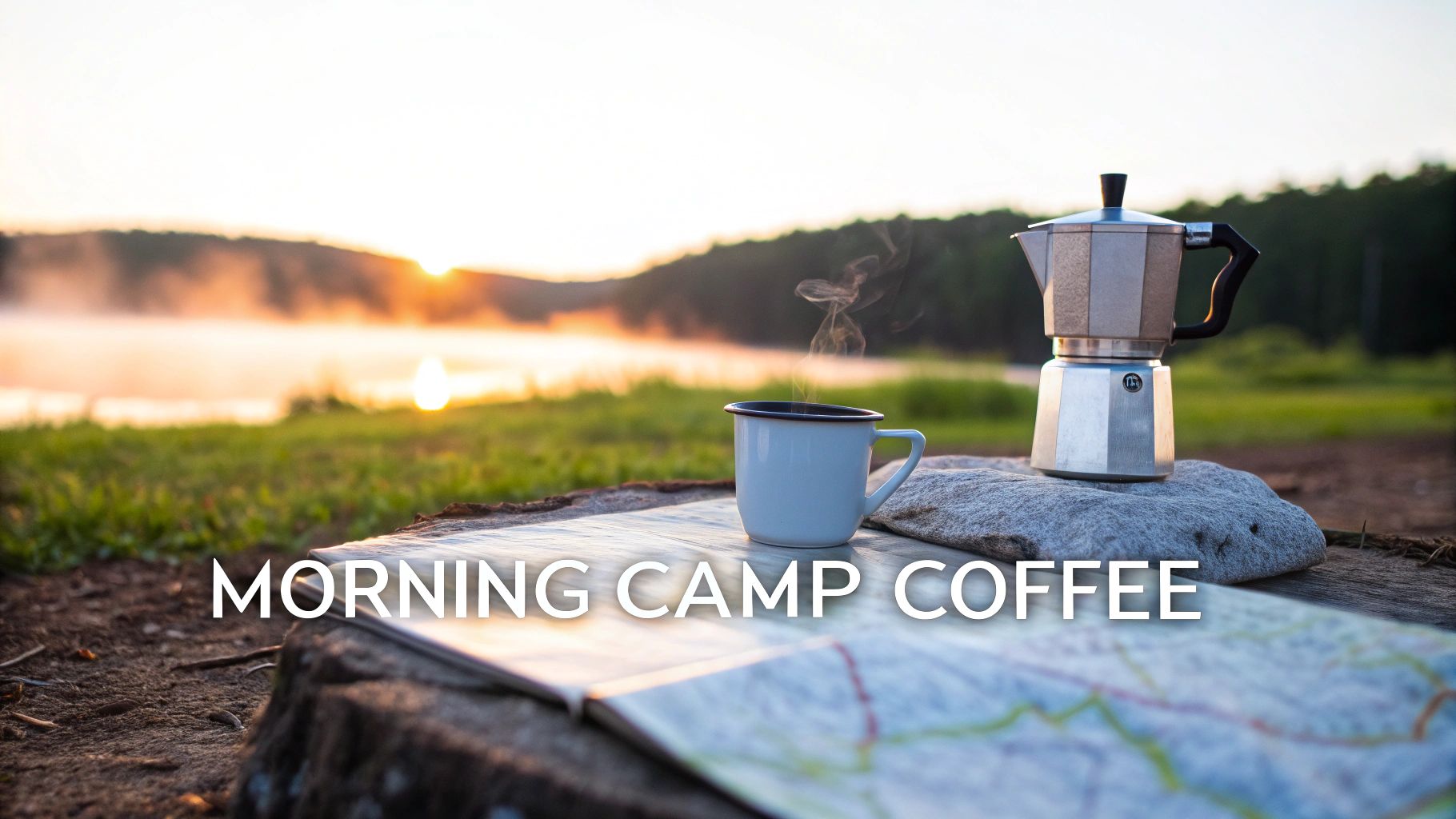 A serene morning camp scene with a steaming white coffee mug, Moka pot, and map by a misty lake at sunrise.